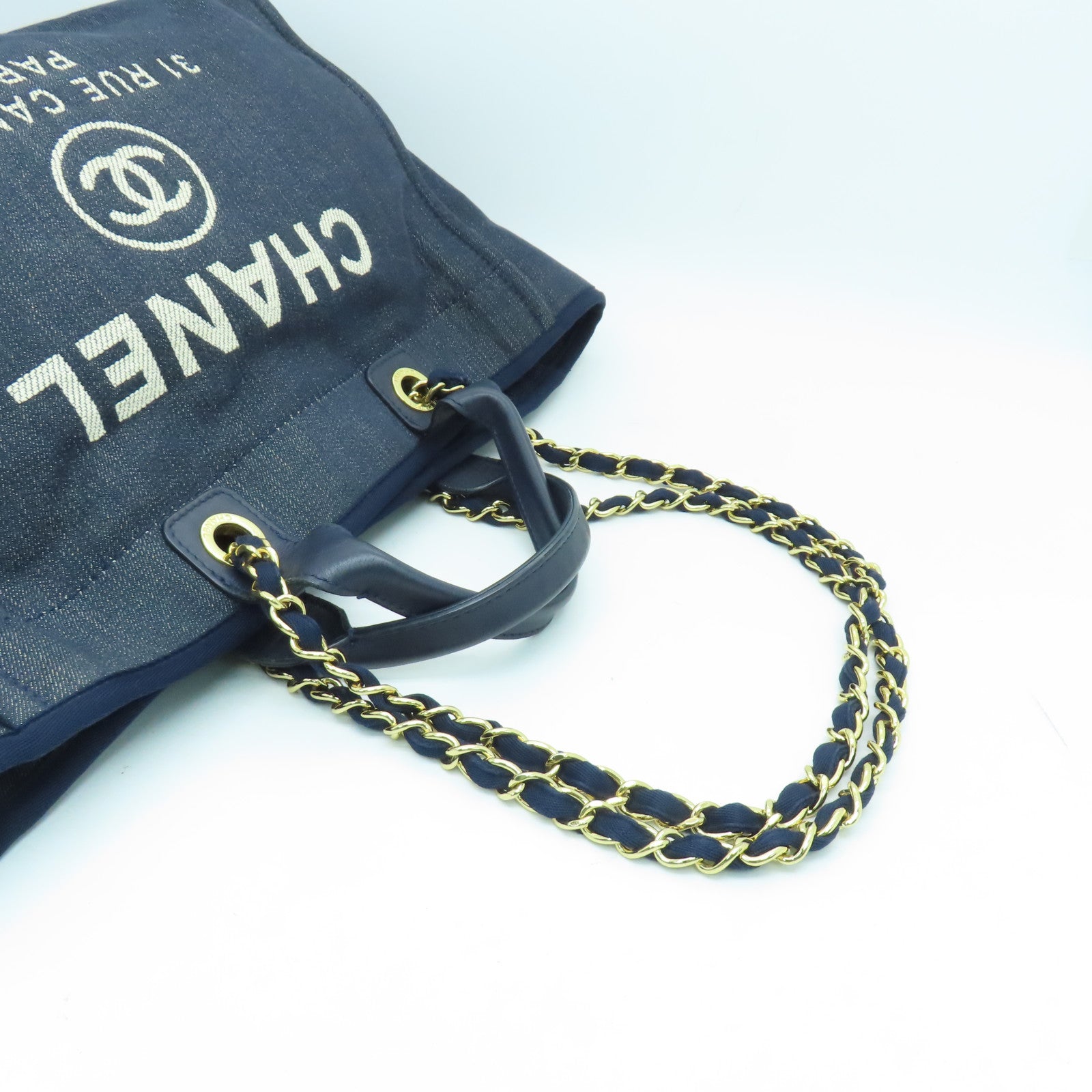 CHANEL Denim Tote Bag金扣手挽肩背两用袋蓝色