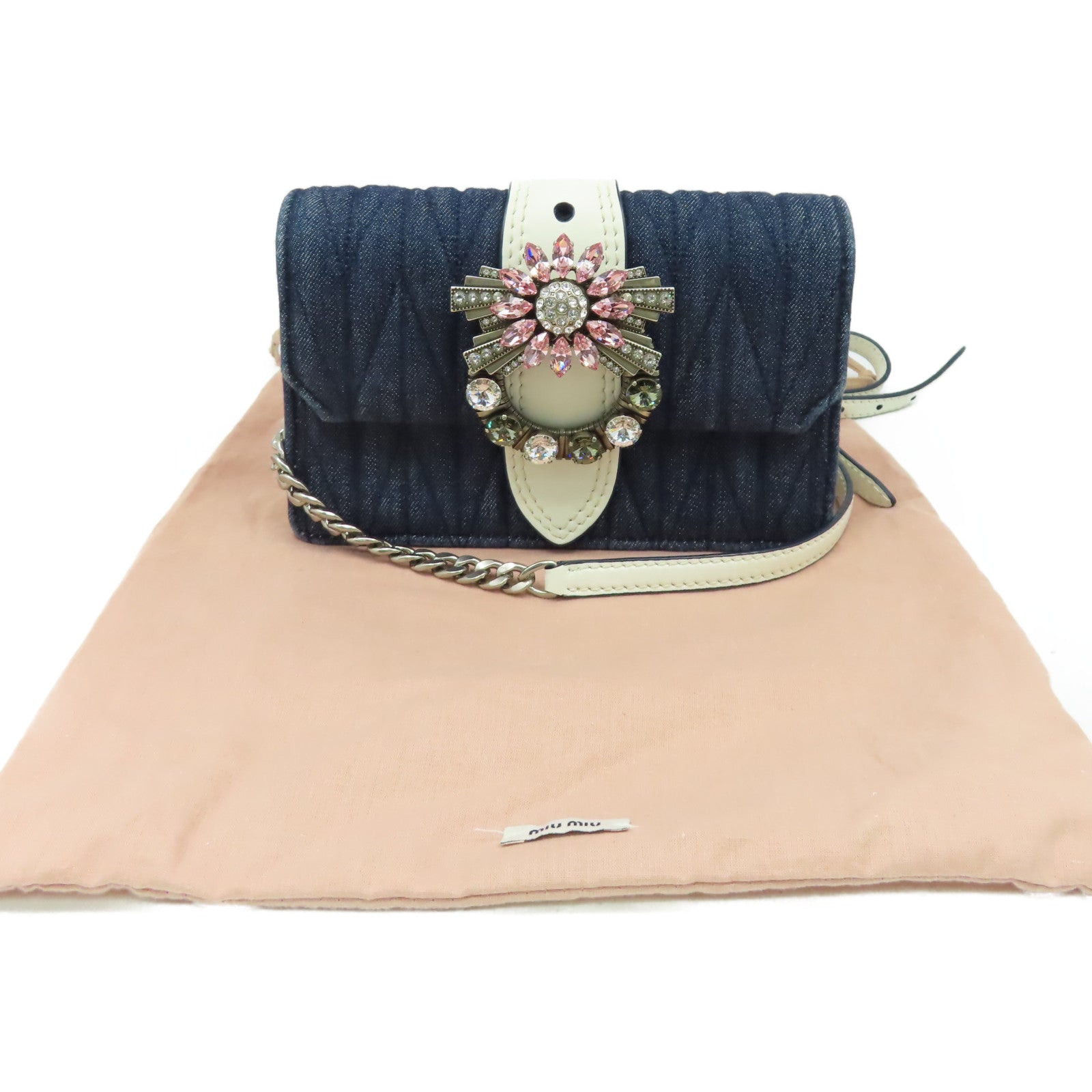 Miu Miu 牛仔布/牛皮皮革Shoulder Bag肩背袋藍色/白色