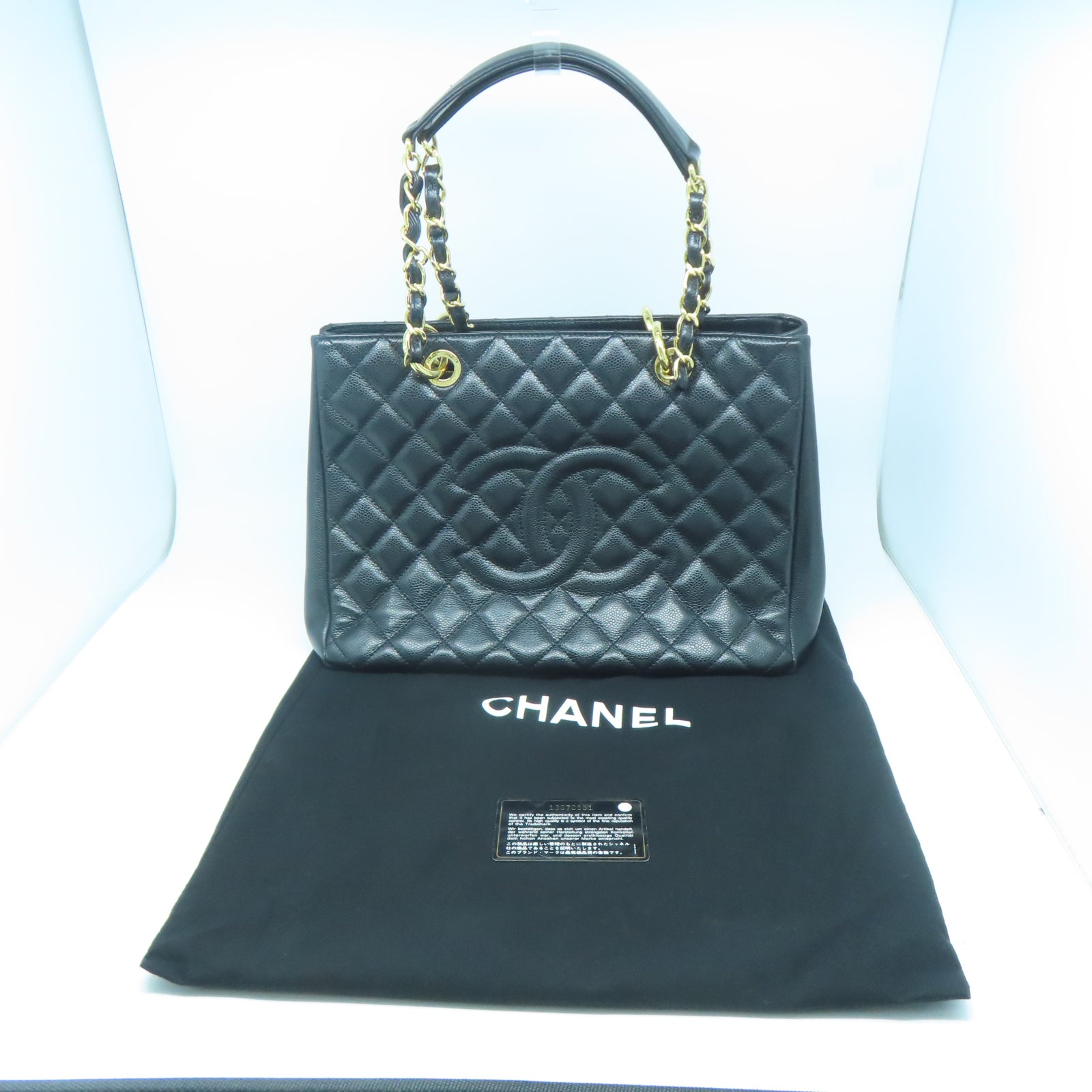 CHANEL 菱格牛皮皮革GST金扣鏈帶肩背袋黑色