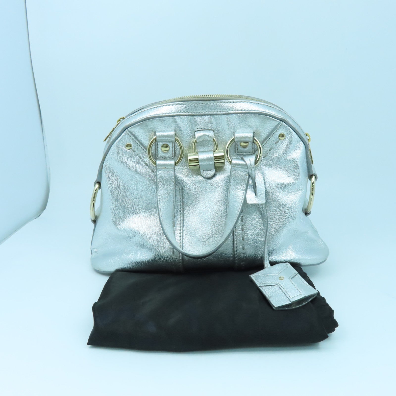 YVES SAINT LAURENT 牛皮皮革Shoulder Bag金扣肩背袋銀色