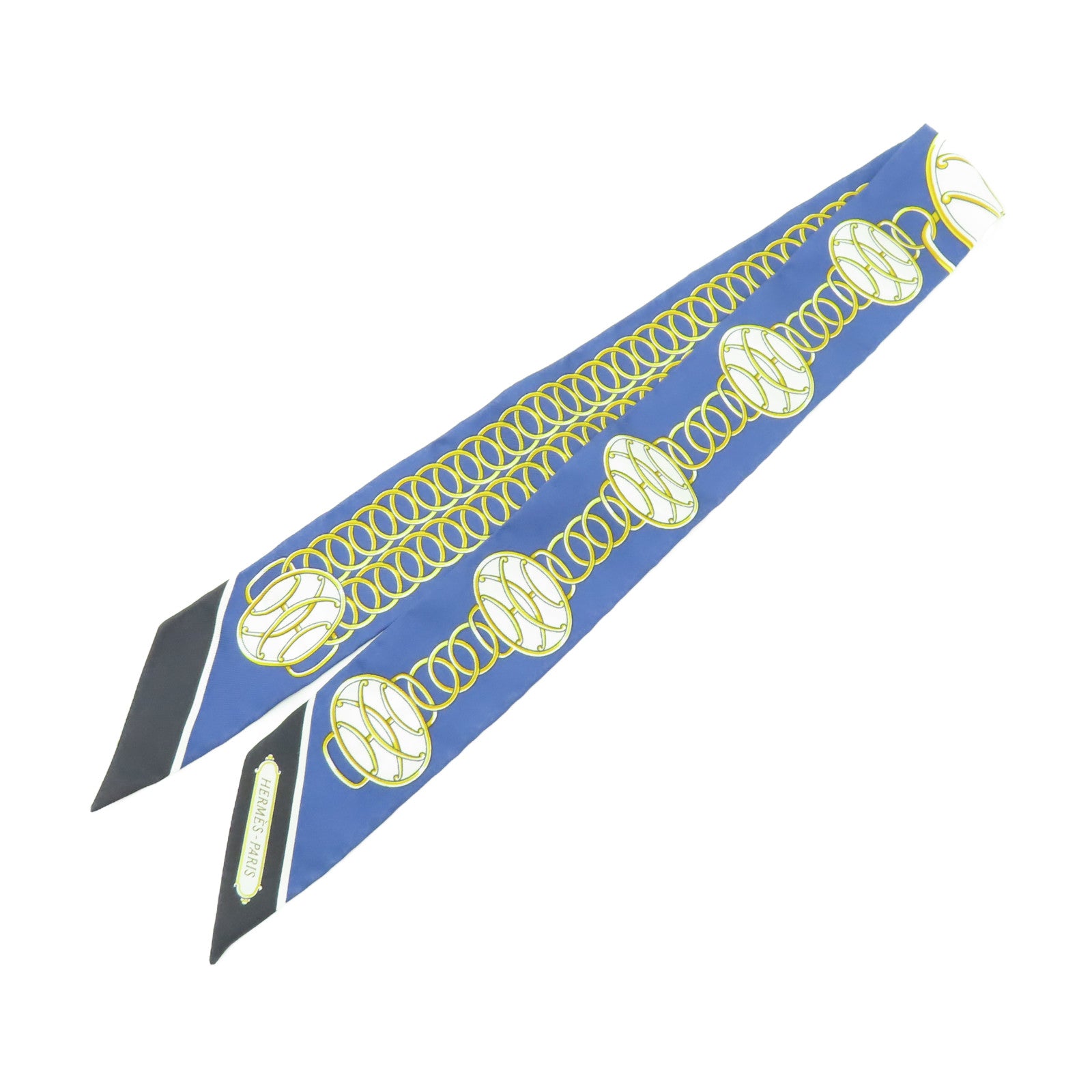 HERMES 【激減優惠】絲質Twilly絲巾藍色/白色/金色
