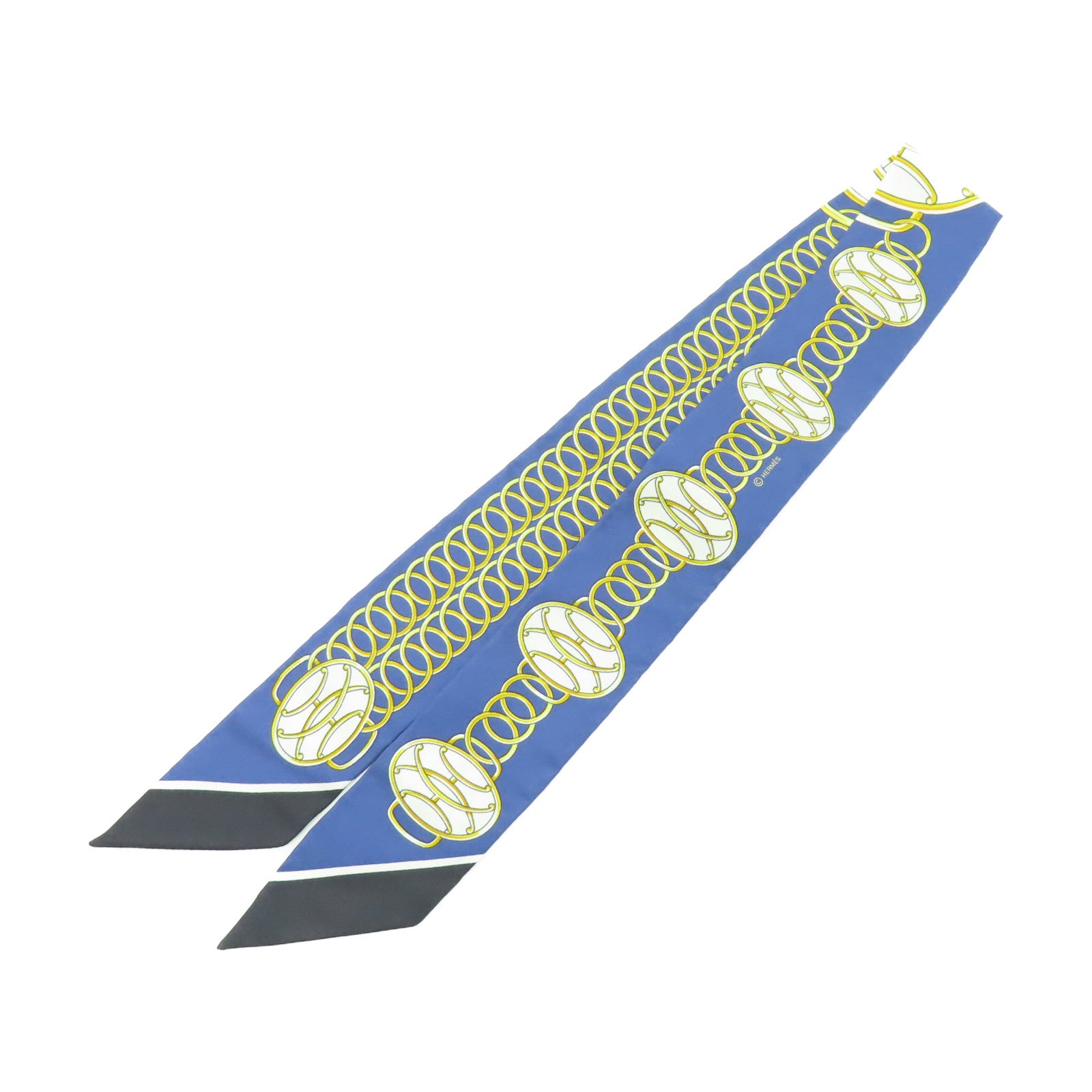 HERMES 【激減優惠】絲質Twilly絲巾藍色/白色/金色