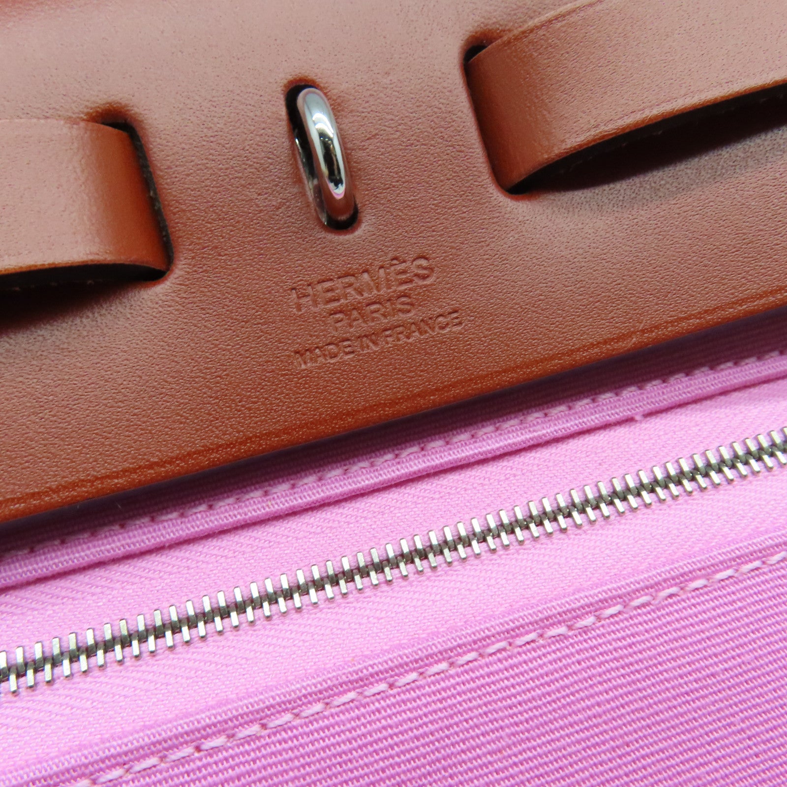 HERMES canvas Herbag PM silver buckle handle shoulder bag Rose Azalee/pink