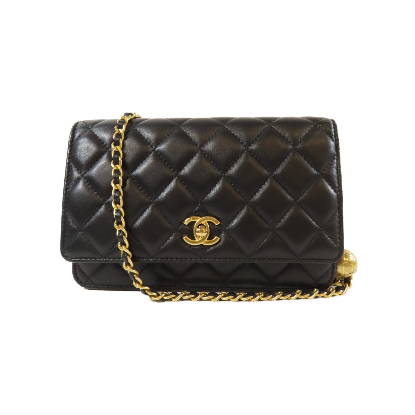 CHANEL 菱格羊皮皮革Gold Ball Wallet On Chain金扣鏈帶肩背袋黑色