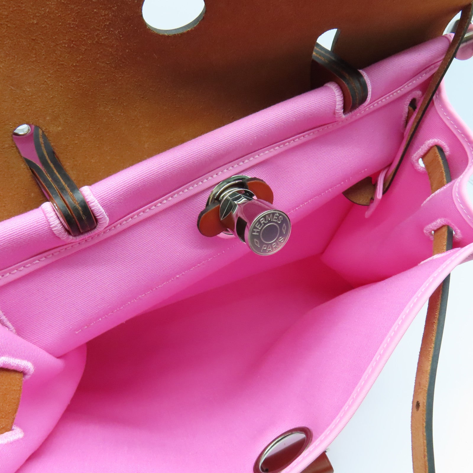 HERMES canvas Herbag PM silver buckle handle shoulder bag Rose Azalee/pink