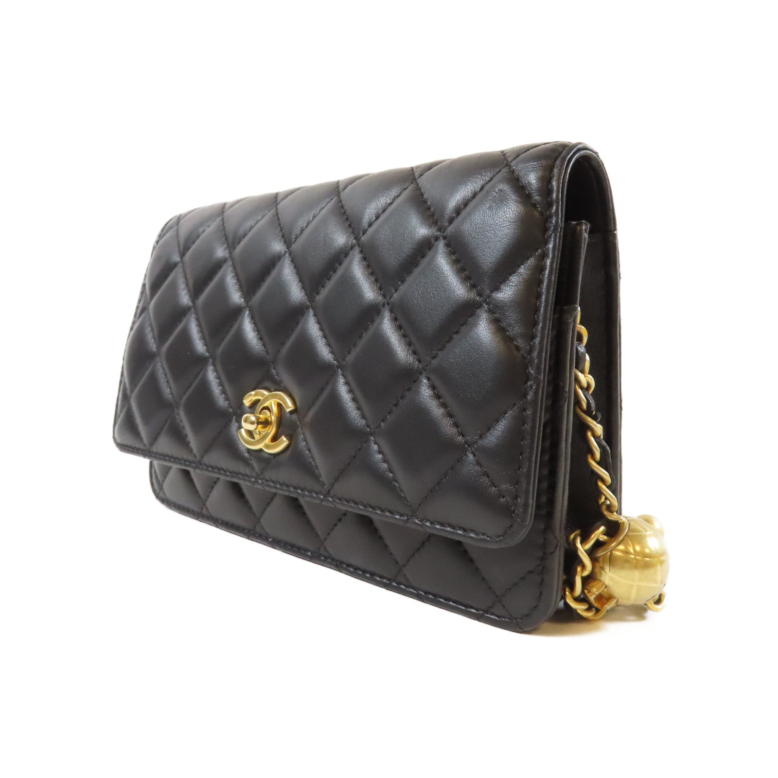 CHANEL 菱格羊皮皮革Gold Ball Wallet On Chain金扣鏈帶肩背袋黑色