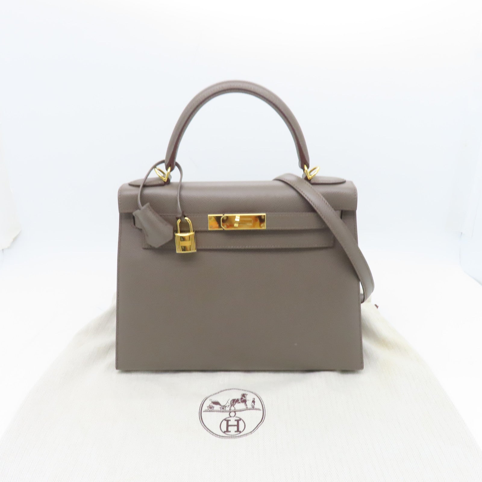 HERMES Veau Epsom皮革Kelly 28金扣手挽肩背两用袋锡灰色