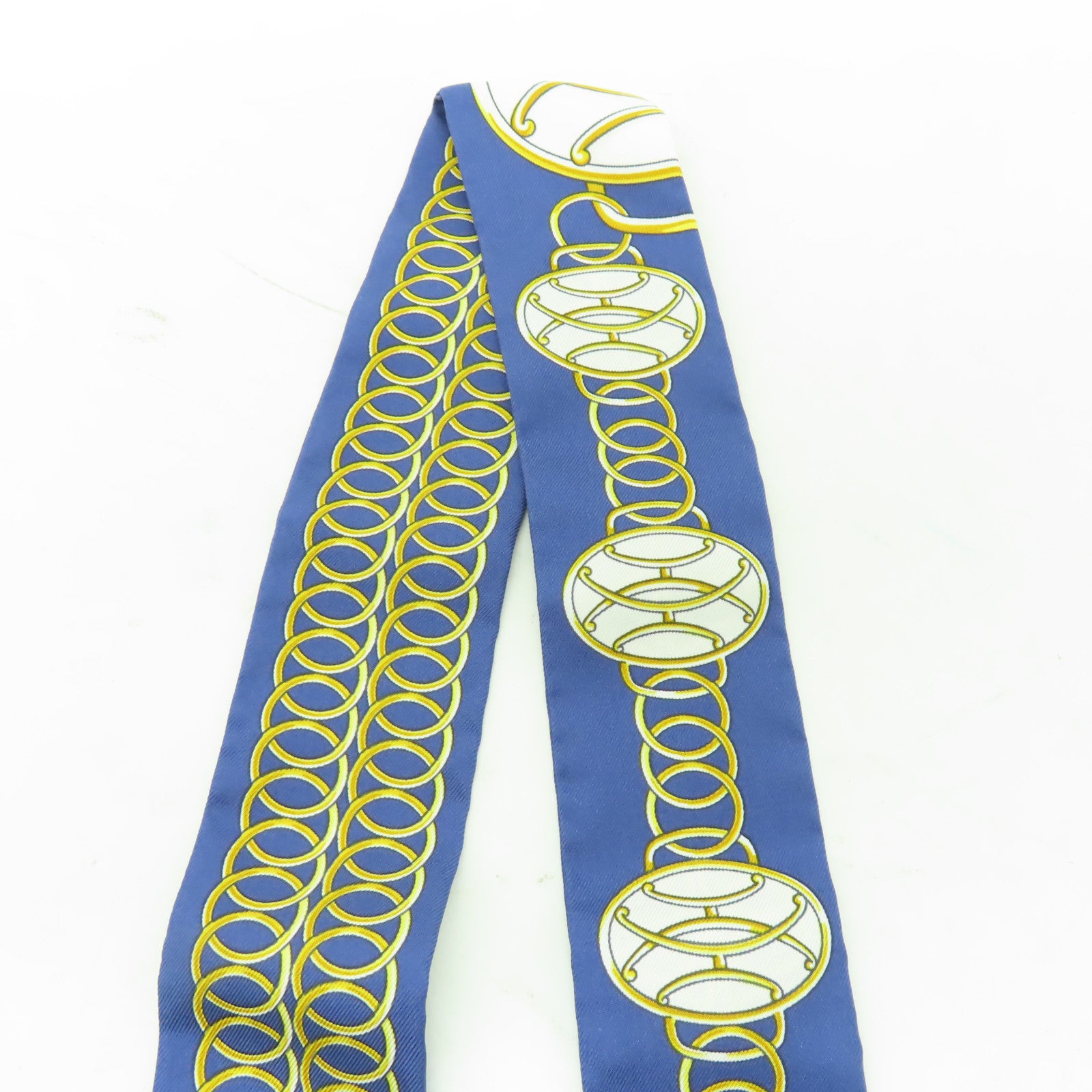HERMES 【激減優惠】絲質Twilly絲巾藍色/白色/金色