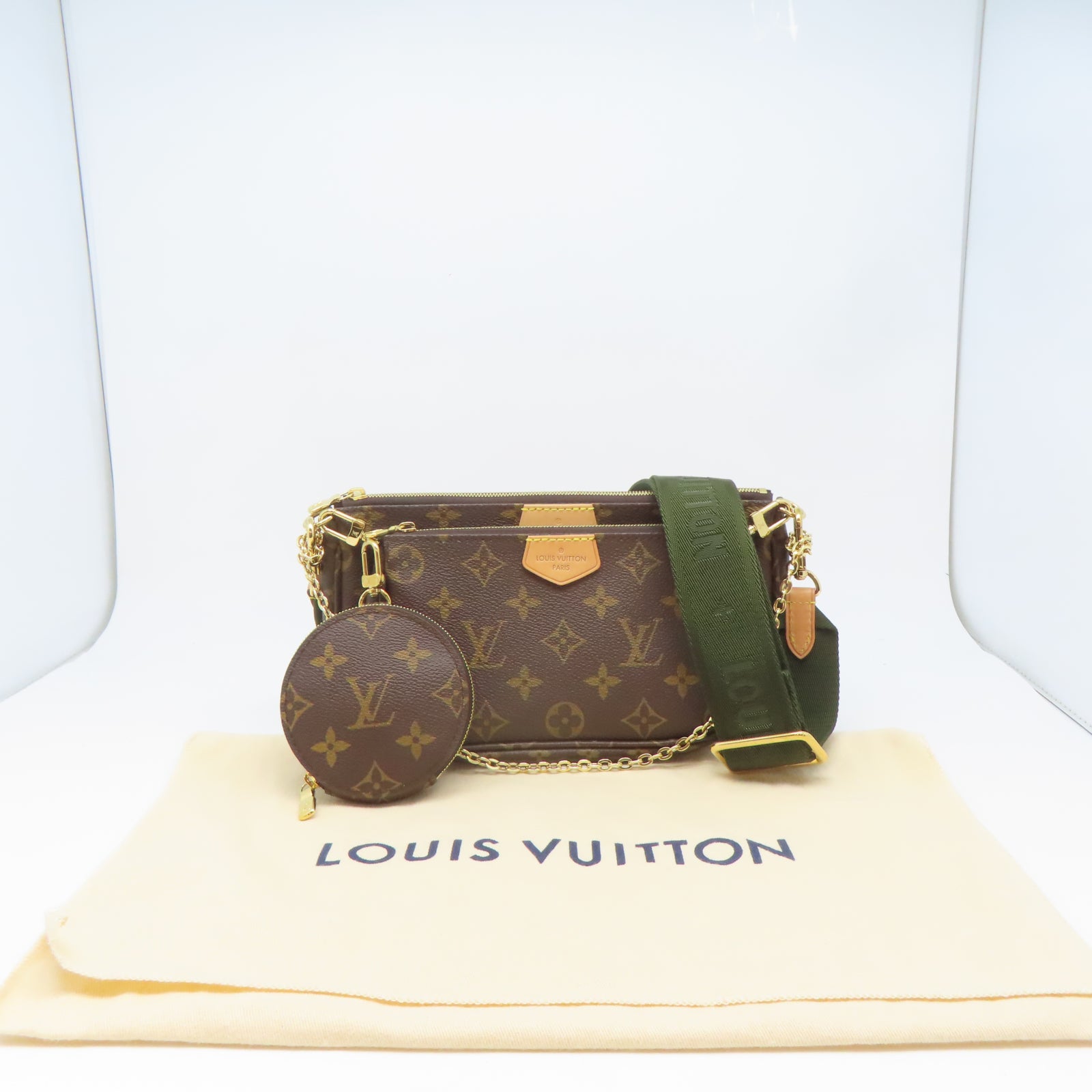 LOUIS VUITTON Monogram Multi Pochette Accessoires金扣肩背袋啡色/綠色
