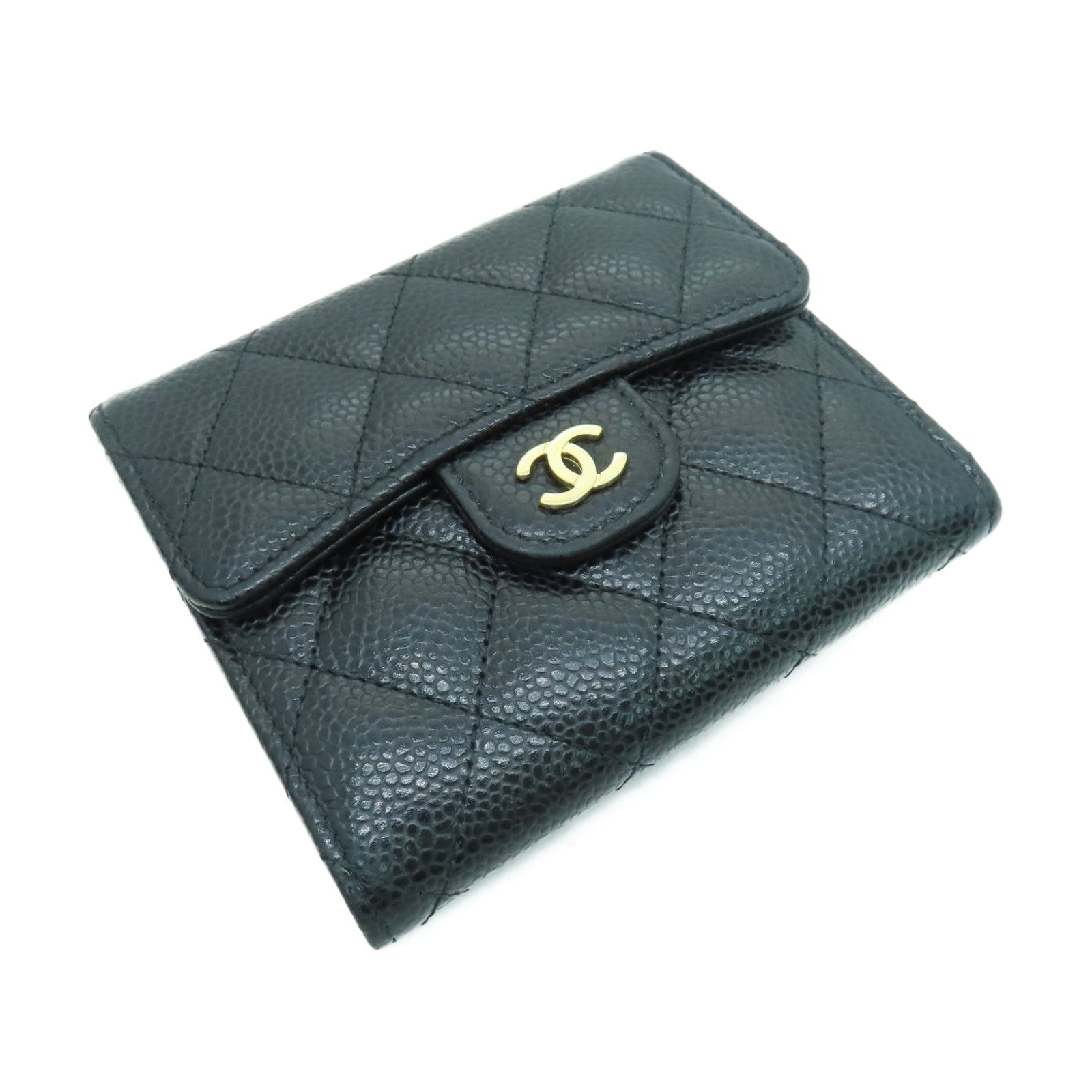 CHANEL 菱格Caviar皮革Classic Wallet金扣錢包黑色