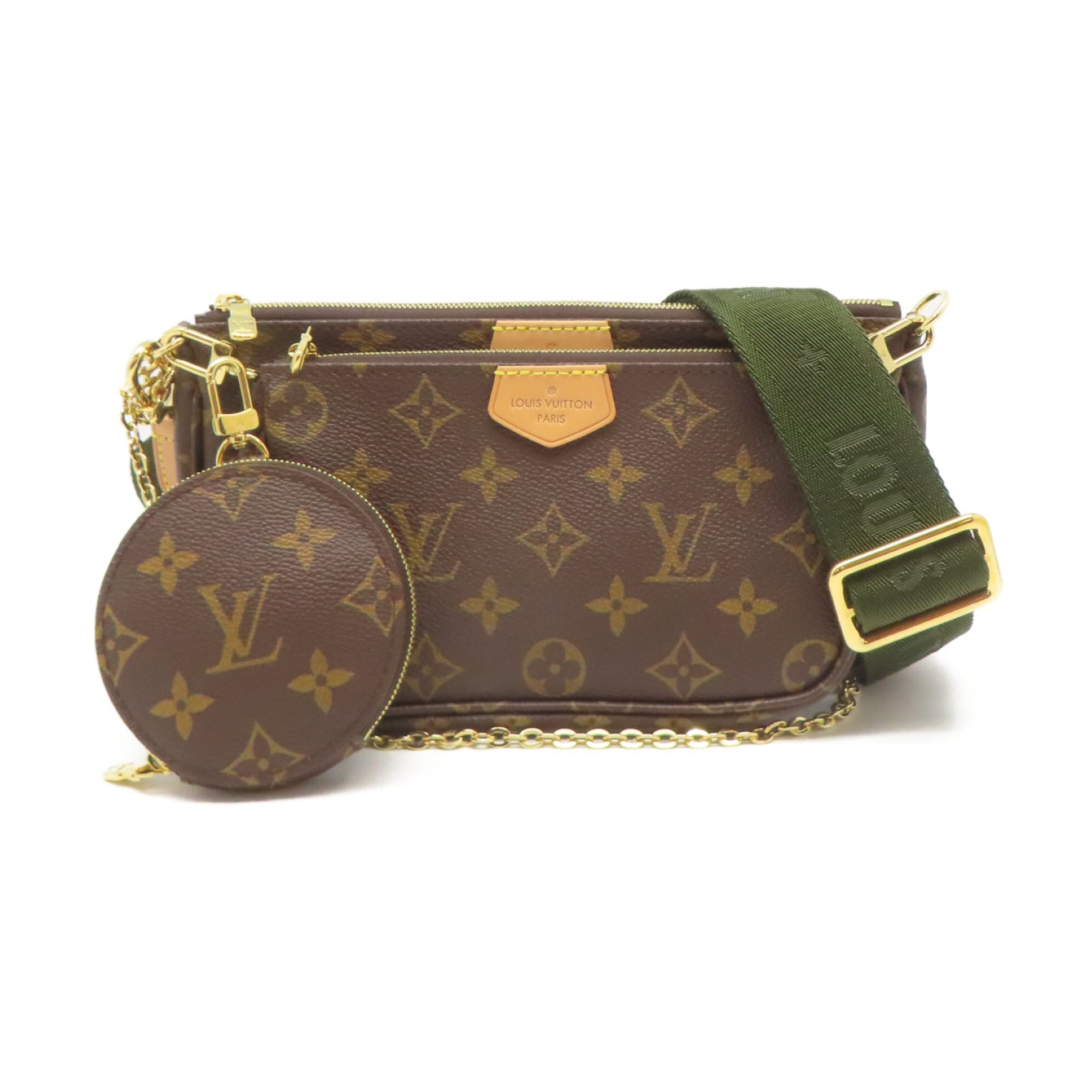LOUIS VUITTON Monogram Multi Pochette Accessoires金扣肩背袋啡色/綠色