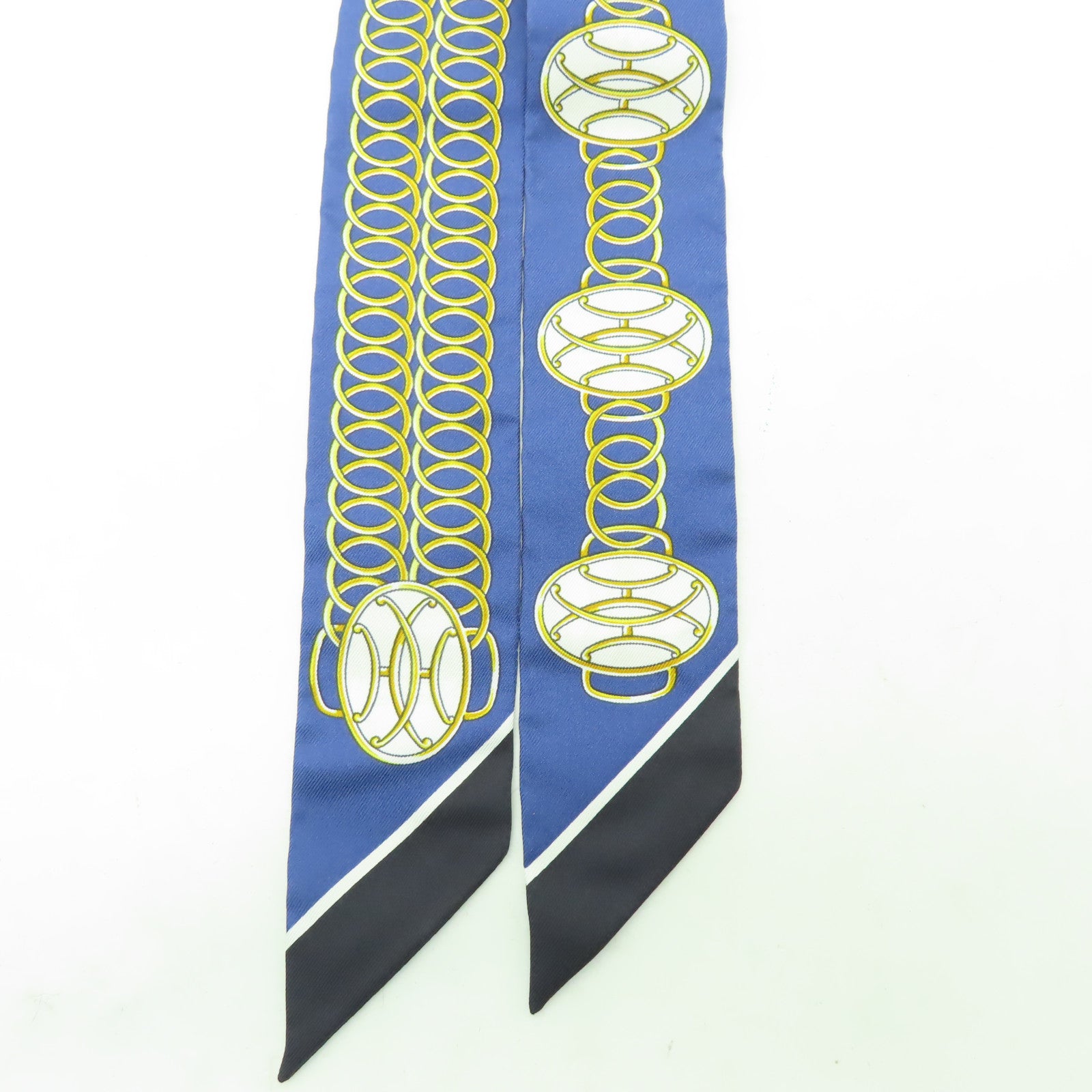 HERMES 【激減優惠】絲質Twilly絲巾藍色/白色/金色