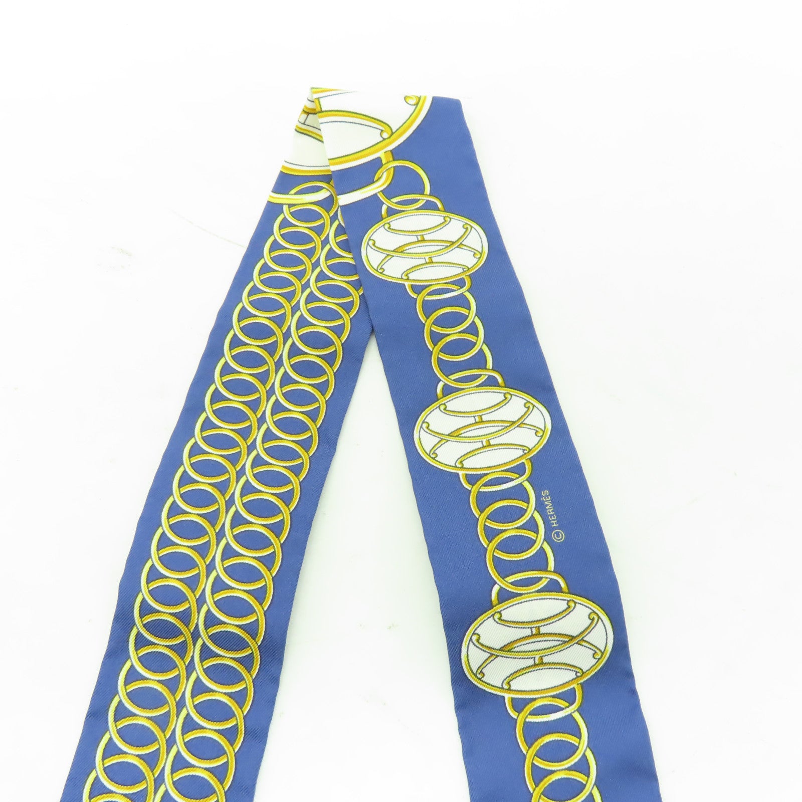 HERMES 【激減優惠】絲質Twilly絲巾藍色/白色/金色