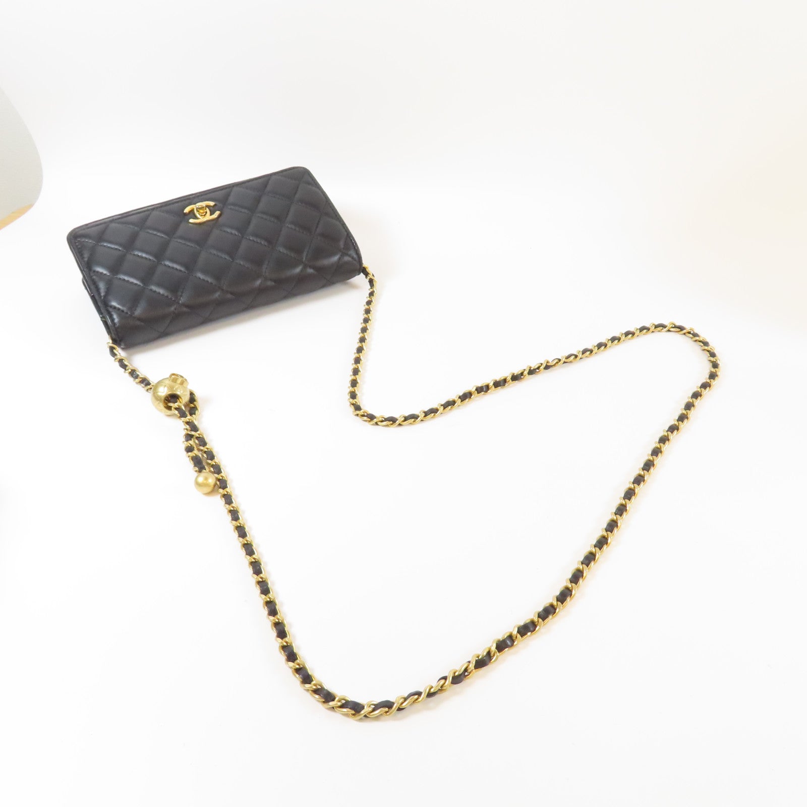 CHANEL 菱格羊皮皮革Gold Ball Wallet On Chain金扣鏈帶肩背袋黑色