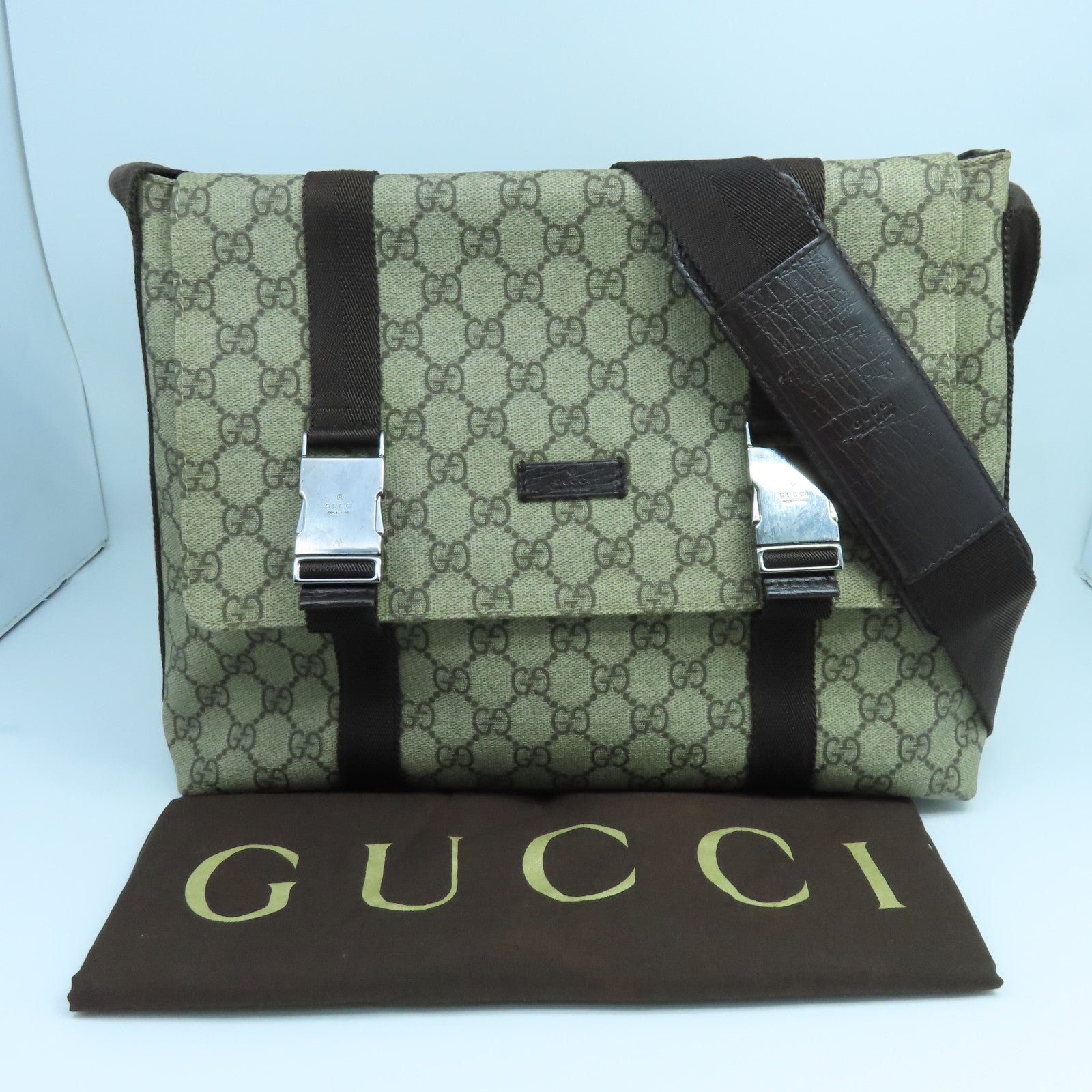 GUCCI 塗層帆布Shoulder Bag銀扣肩背袋米色啡色