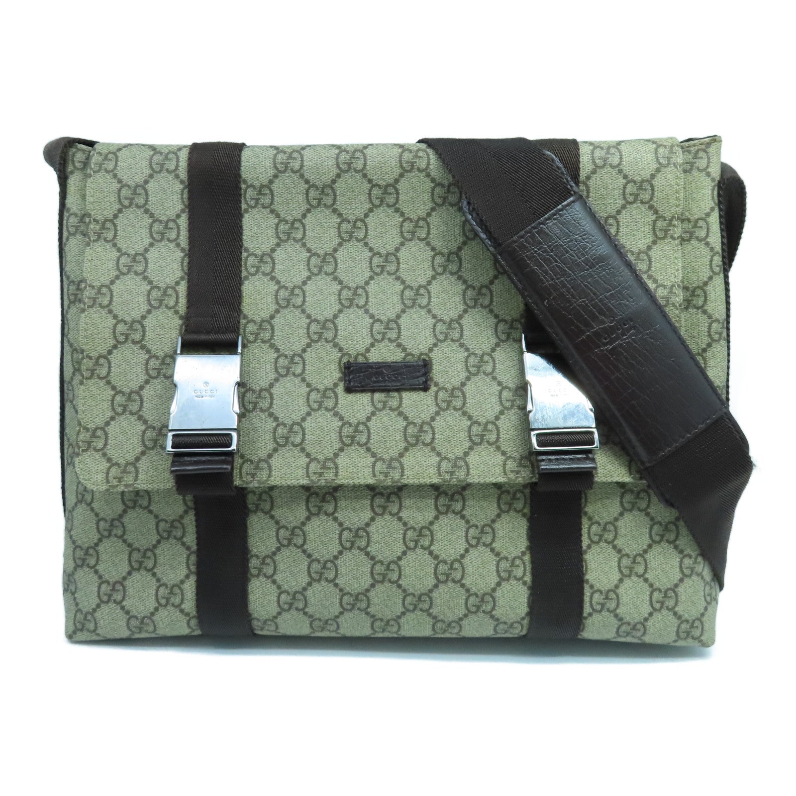 GUCCI 塗層帆布Shoulder Bag銀扣肩背袋米色啡色