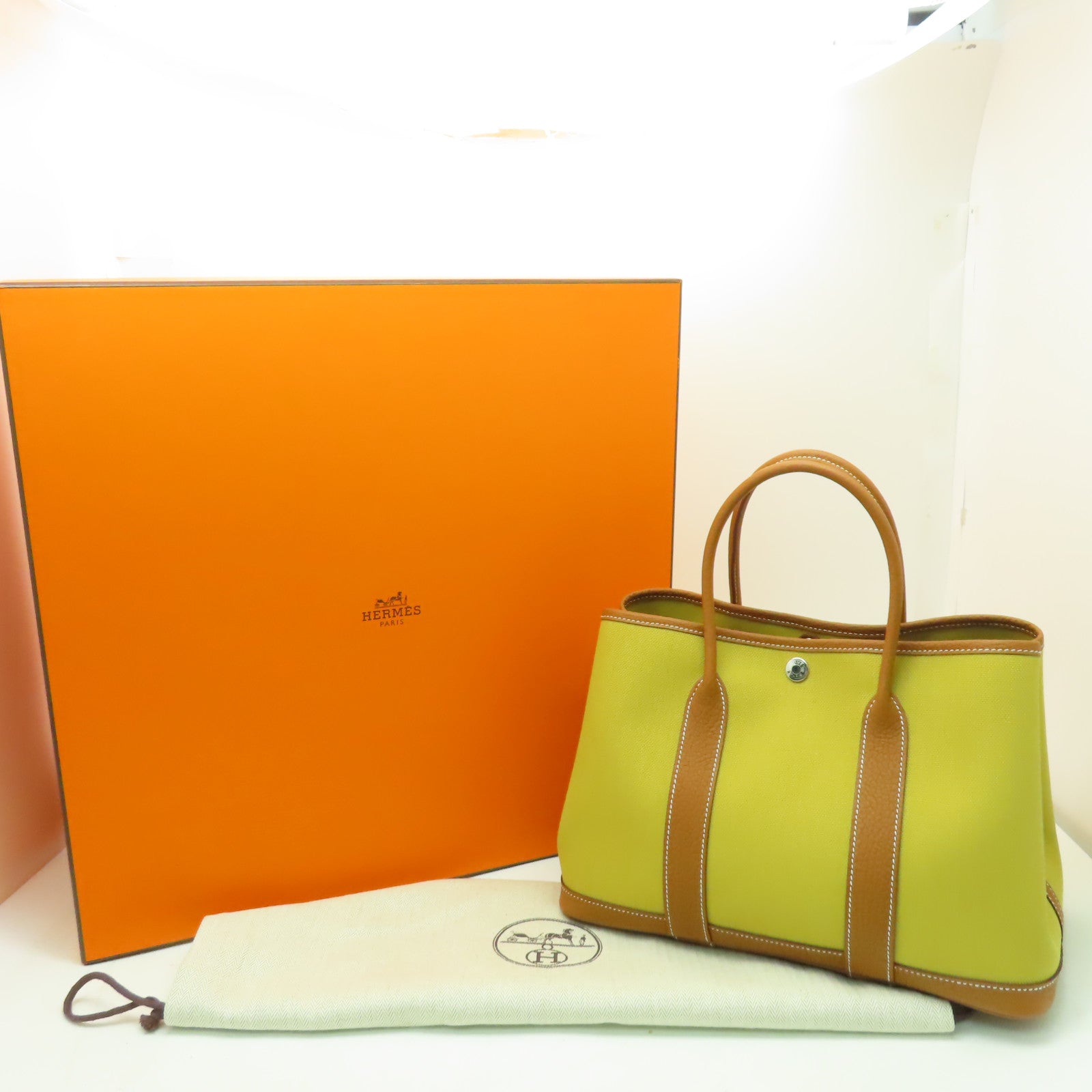 HERMES 帆布Garden Party TPM銀扣手挽袋金色
