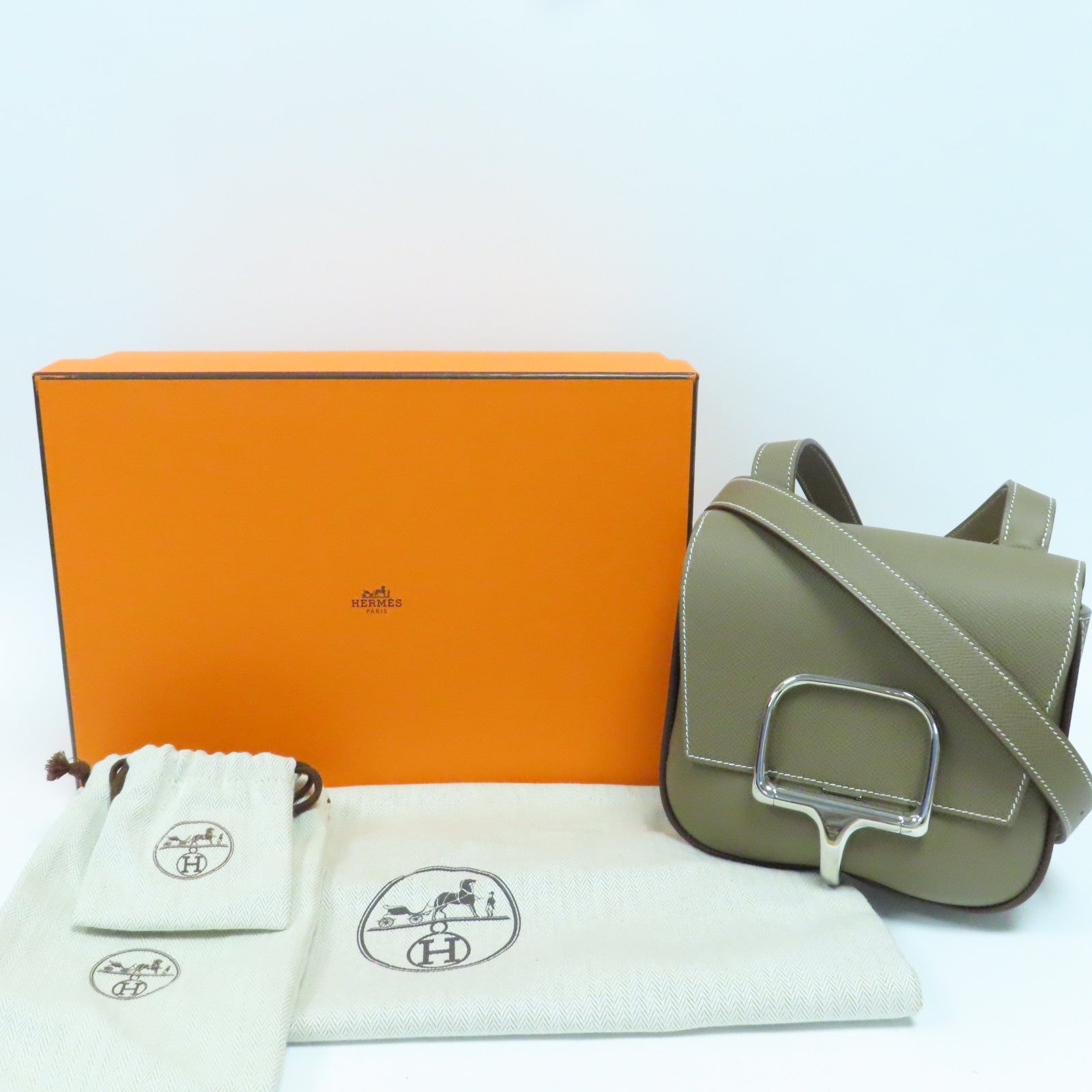 HERMES Epsom皮革Della Cavalleria Mini銀扣肩背袋Etoupe大象灰色