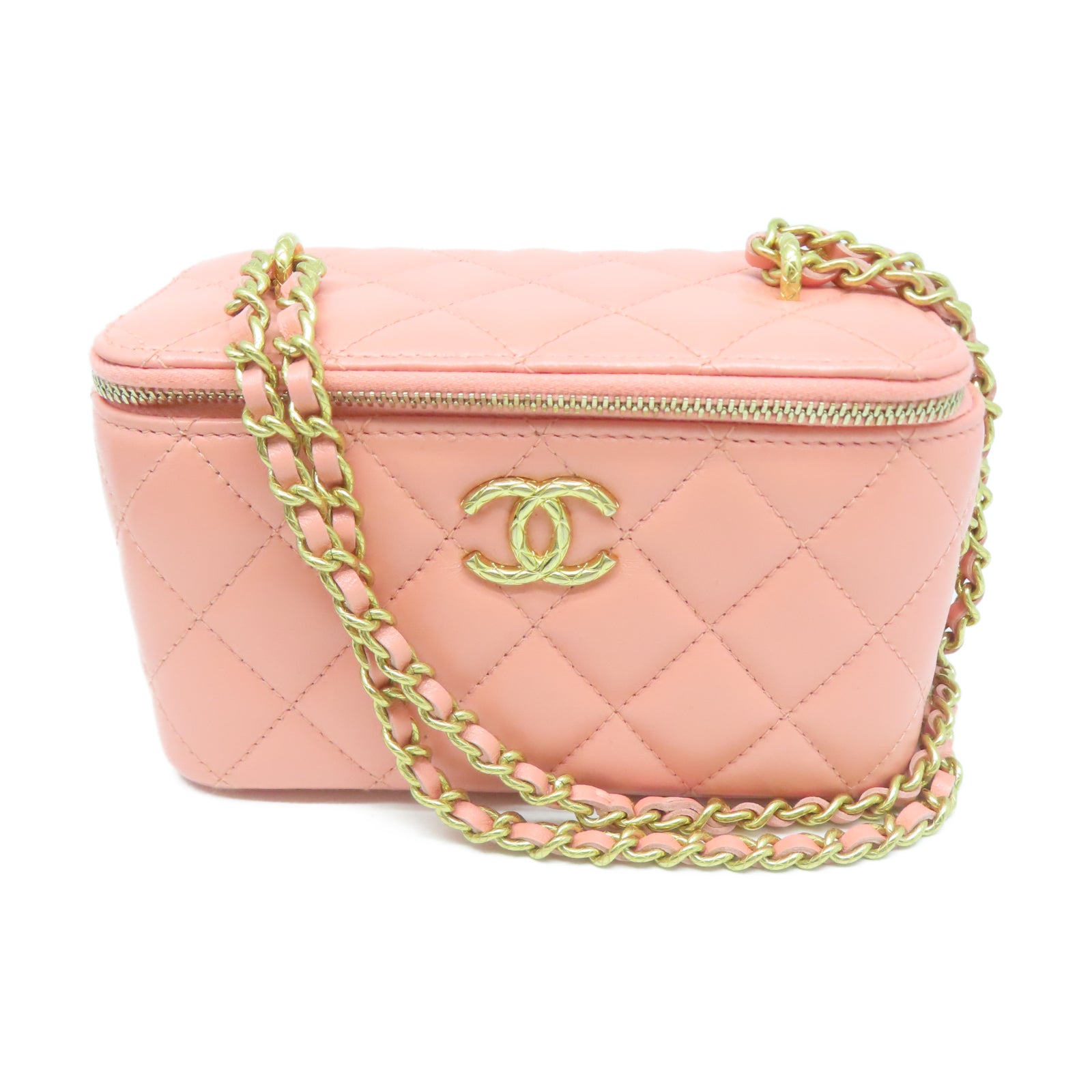 CHANEL 菱格羊皮皮革Chain Shoulder金扣鏈帶肩背袋粉紅色