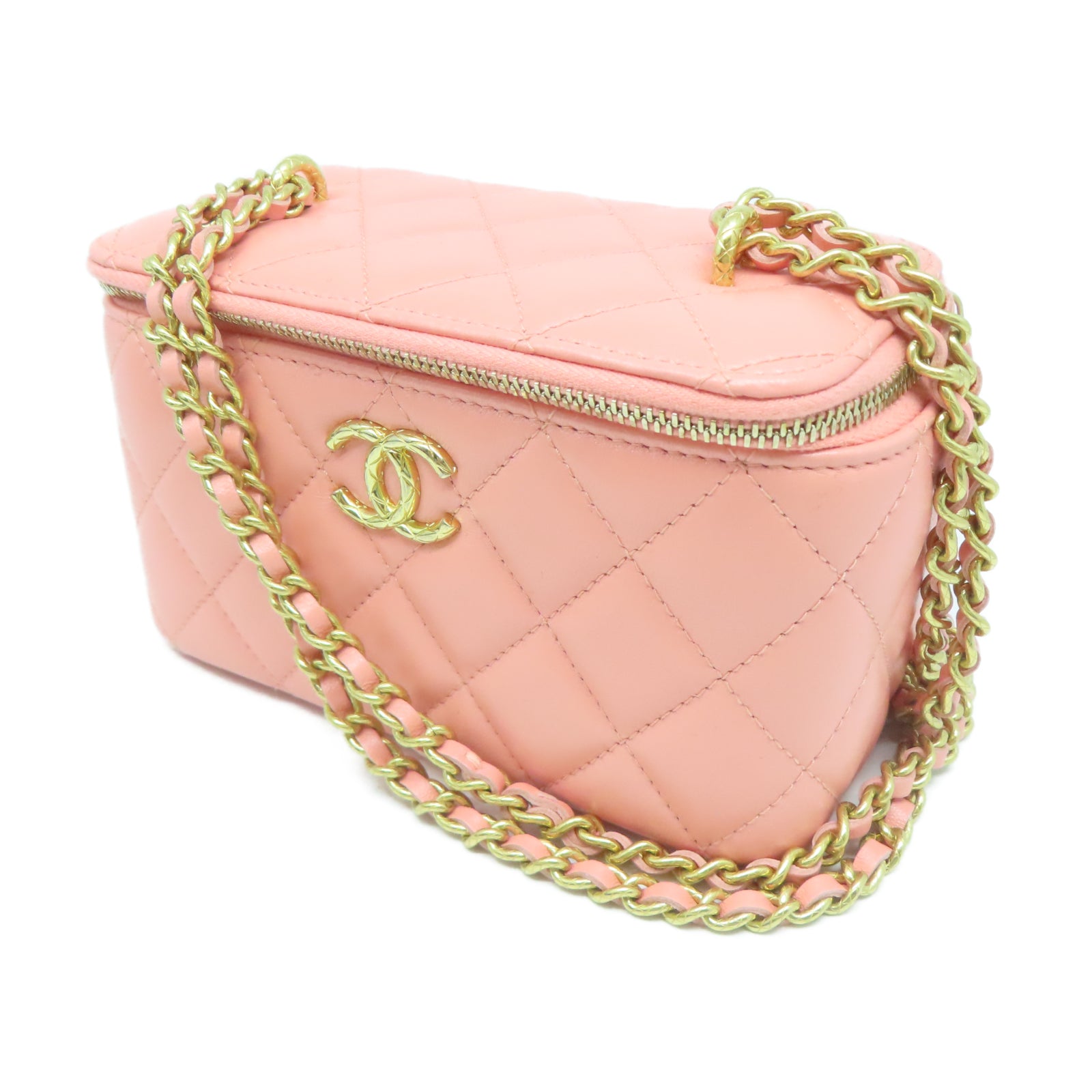 CHANEL 菱格羊皮皮革Chain Shoulder金扣鏈帶肩背袋粉紅色