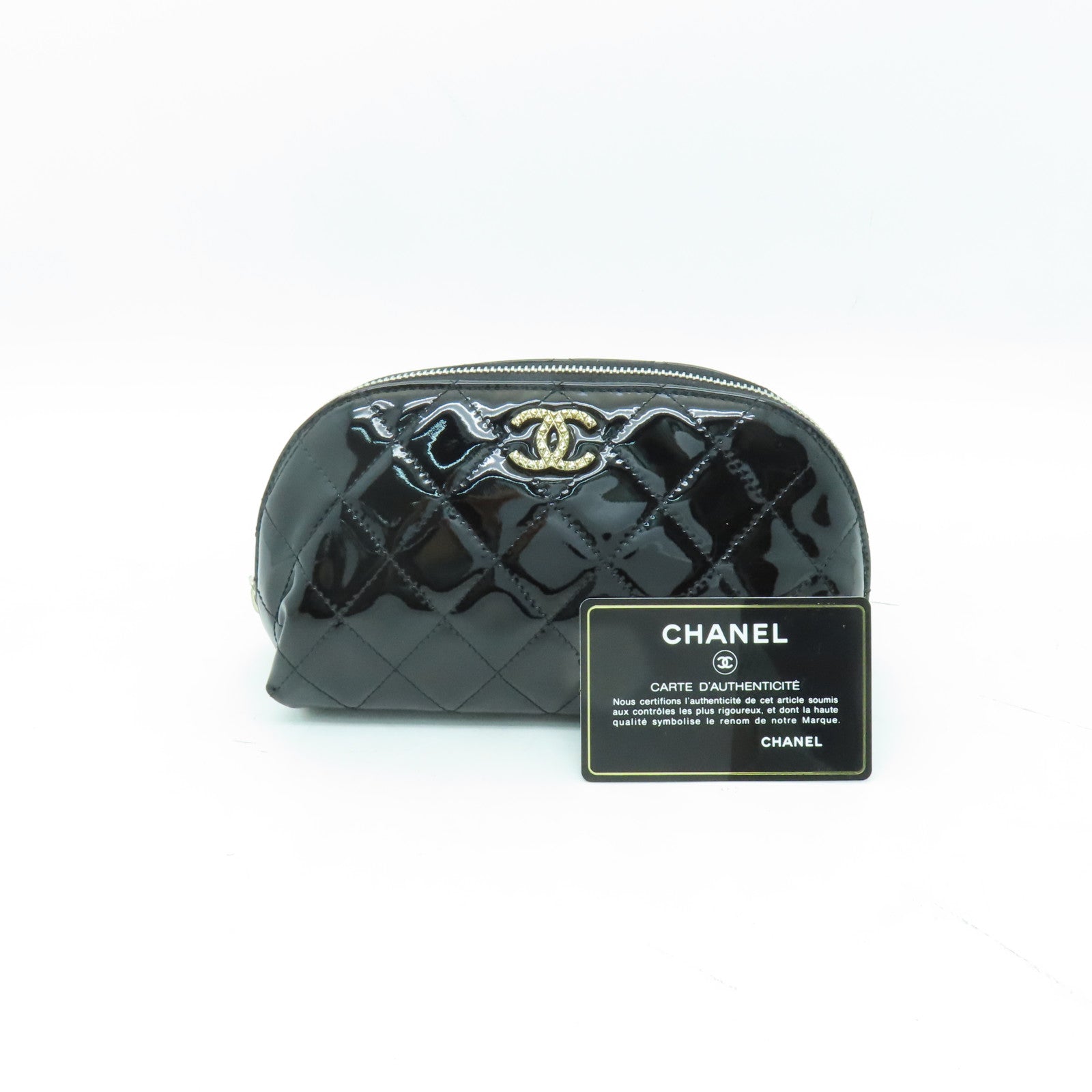 CHANEL 菱格漆皮皮革Clutch Bag銀扣手拿包黒色