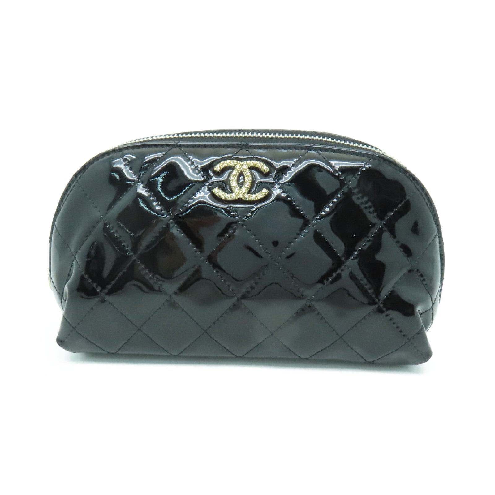 CHANEL 菱格漆皮皮革Clutch Bag銀扣手拿包黒色