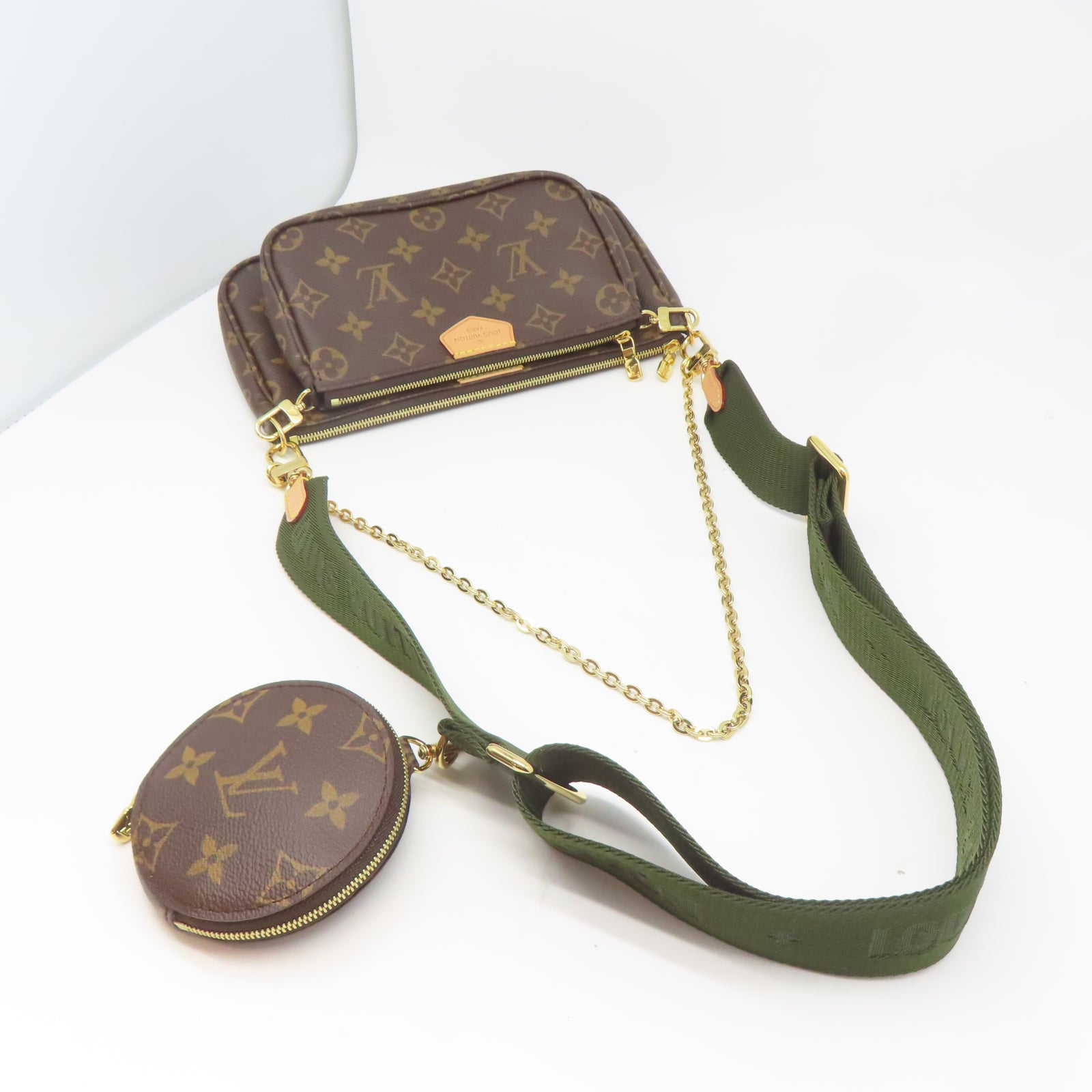 LOUIS VUITTON Monogram Multi Pochette Accessoires金扣肩背袋啡色/綠色