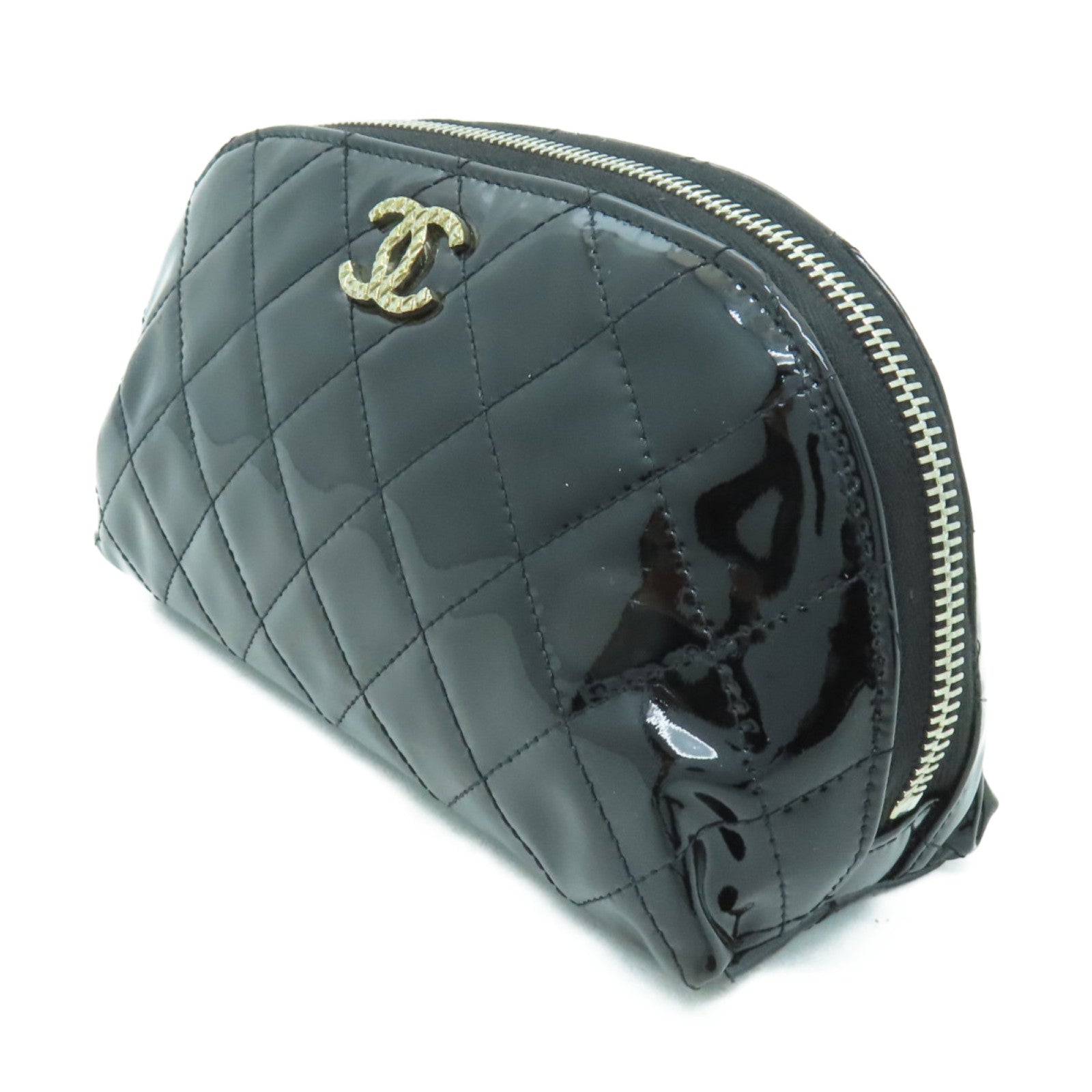 CHANEL 菱格漆皮皮革Clutch Bag銀扣手拿包黒色