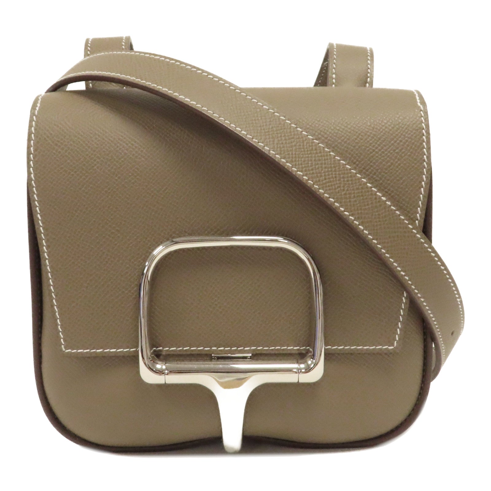 HERMES Epsom皮革Della Cavalleria Mini銀扣肩背袋Etoupe大象灰色