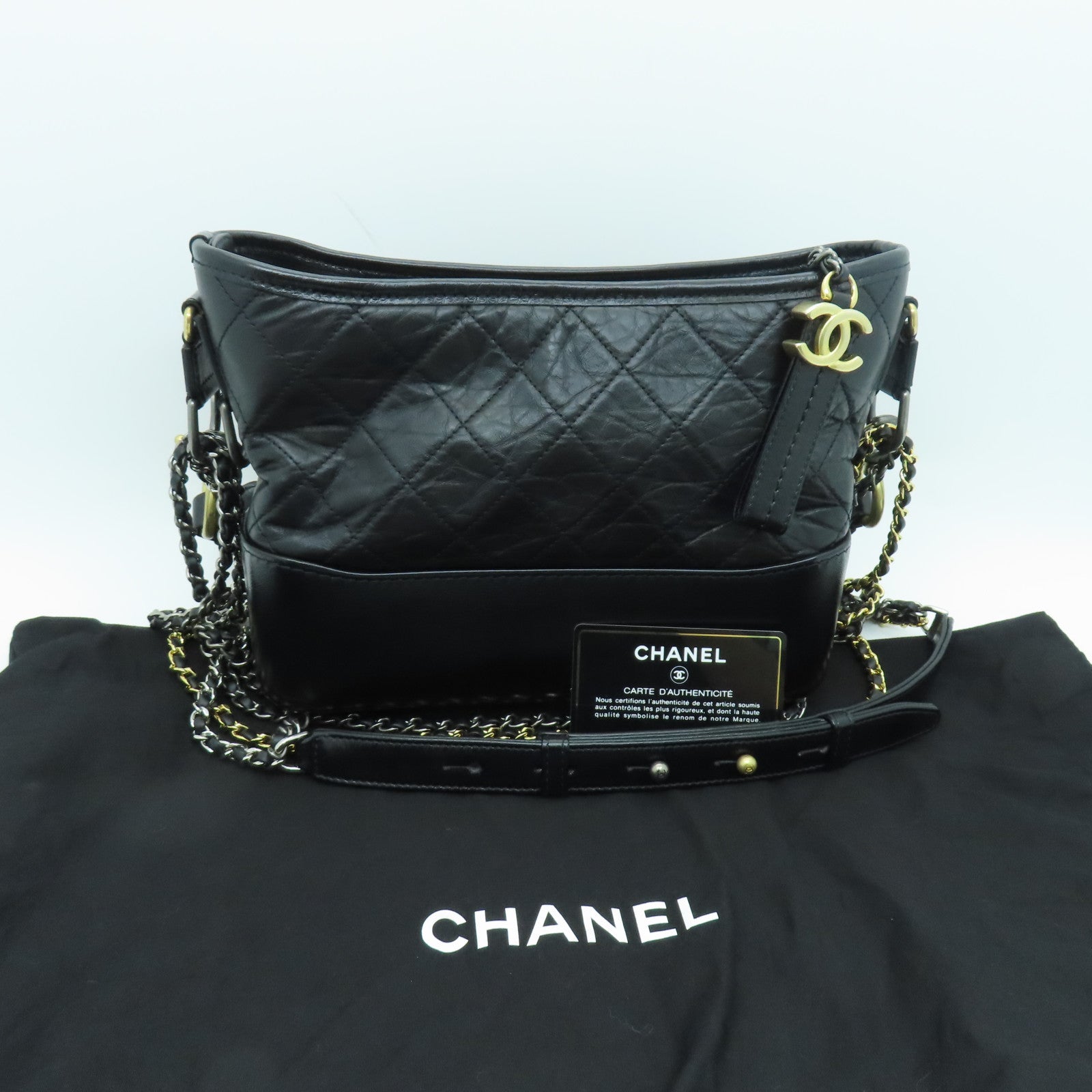 CHANEL 菱格Aged Calf皮革Small Gabrielle金扣/銀扣鏈帶肩背袋黑色