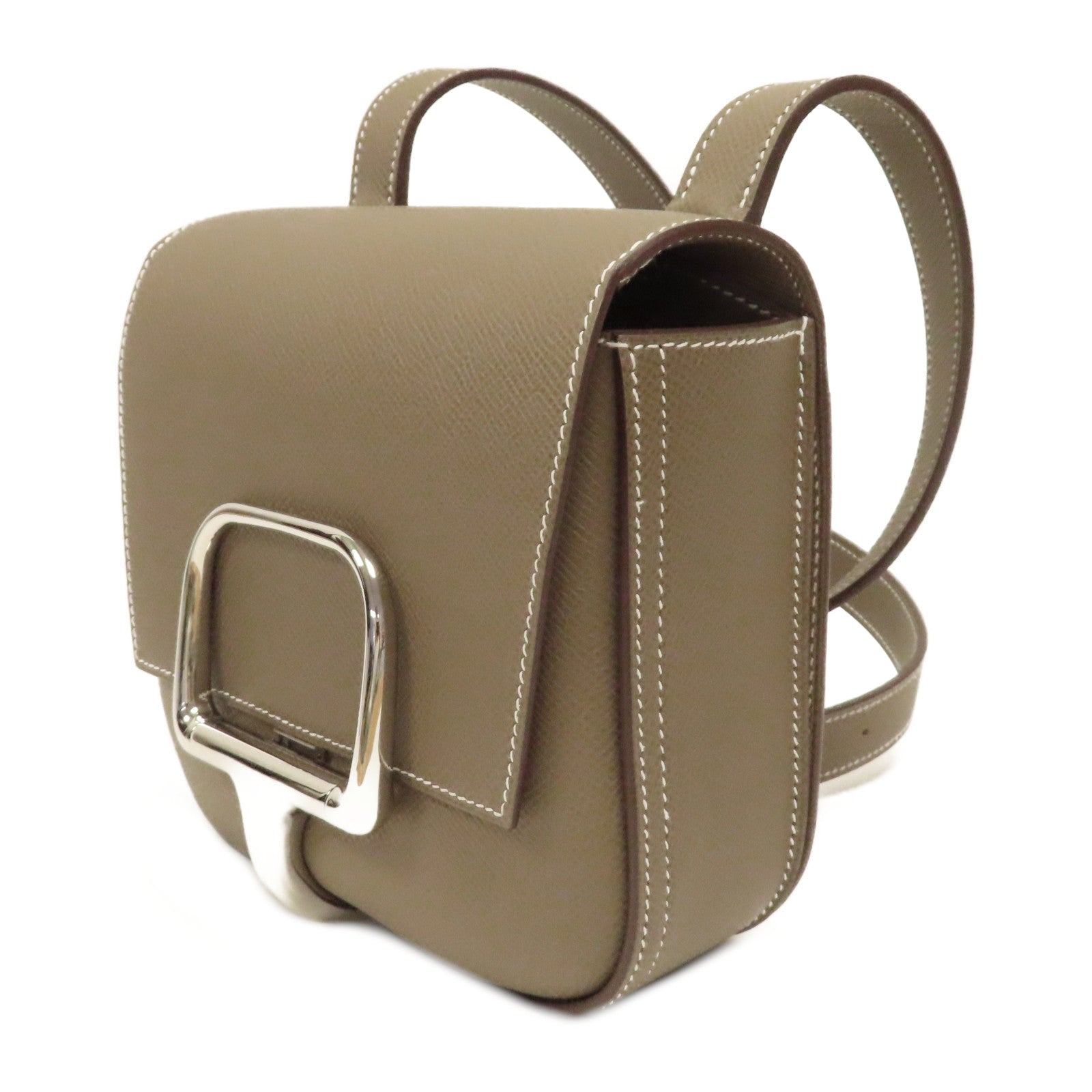 HERMES Epsom皮革Della Cavalleria Mini銀扣肩背袋Etoupe大象灰色