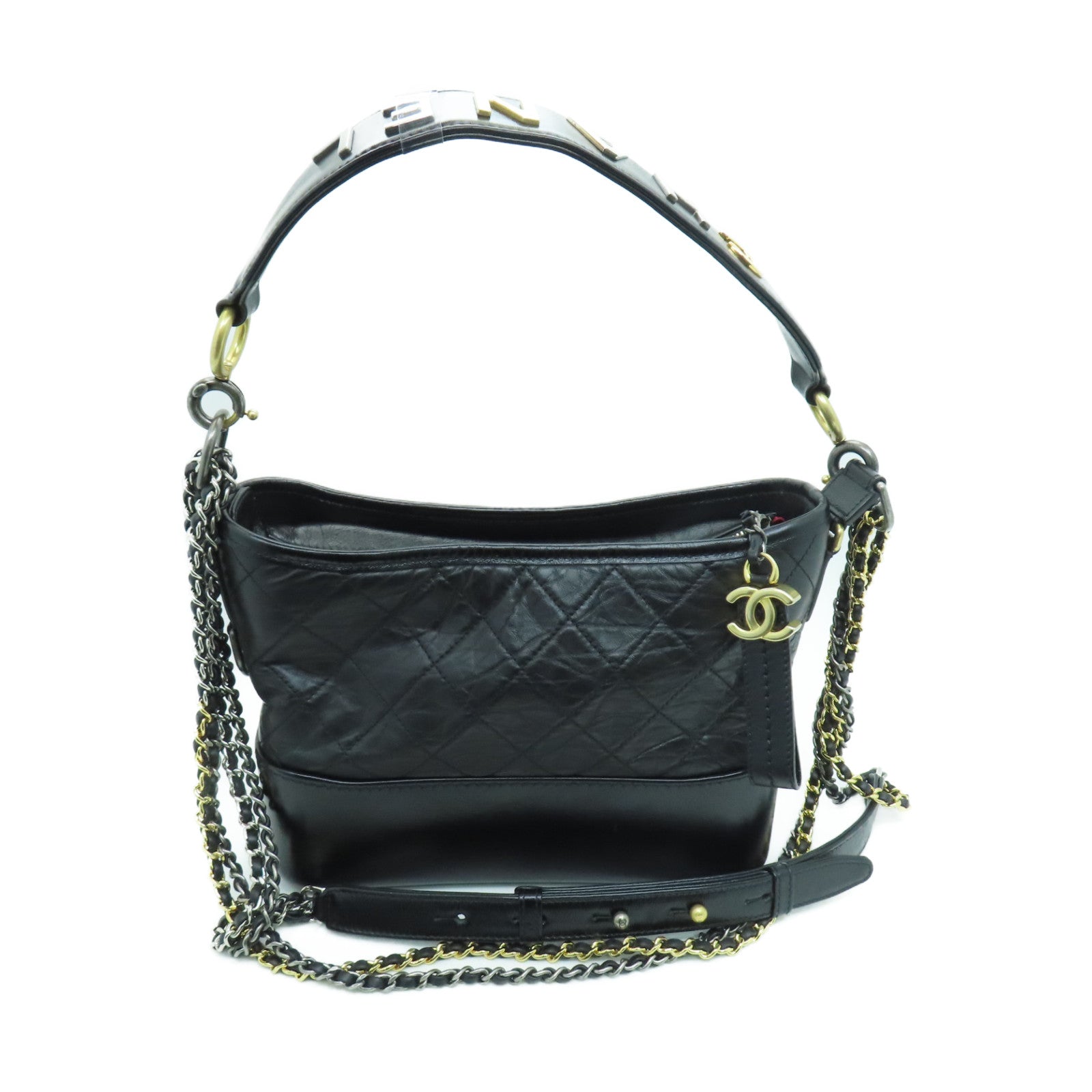 CHANEL 菱格Aged Calf皮革Small Gabrielle金扣/銀扣鏈帶肩背袋黑色