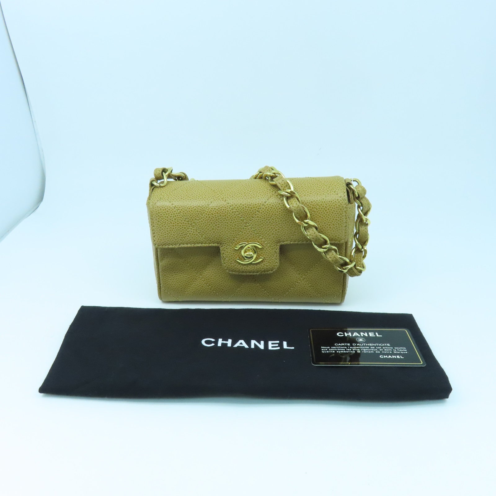 CHANEL 菱格牛皮皮革Chain Bag金扣手挽袋棕色
