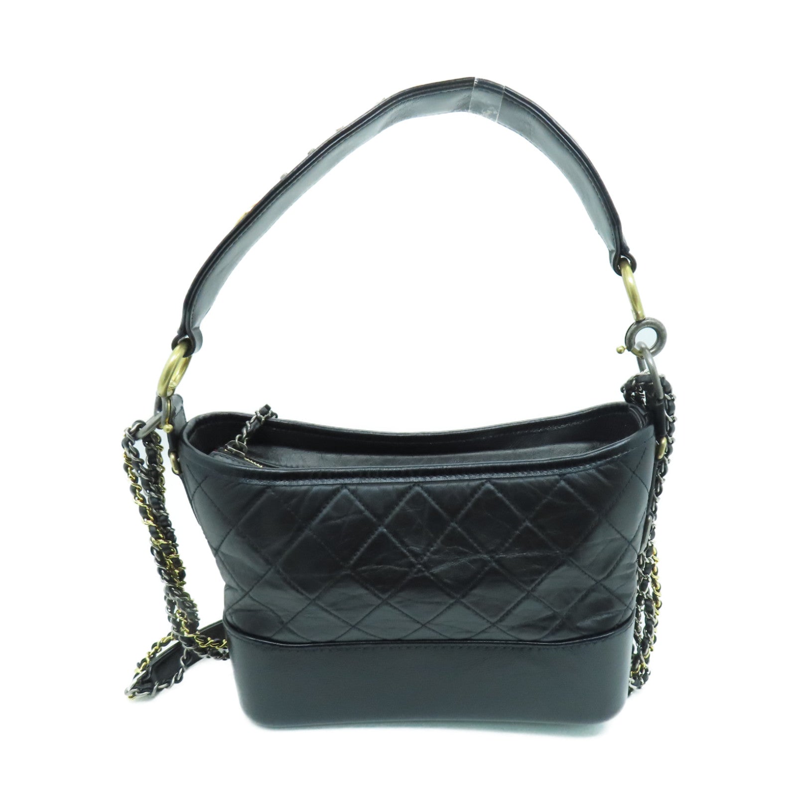 CHANEL 菱格Aged Calf皮革Small Gabrielle金扣/銀扣鏈帶肩背袋黑色