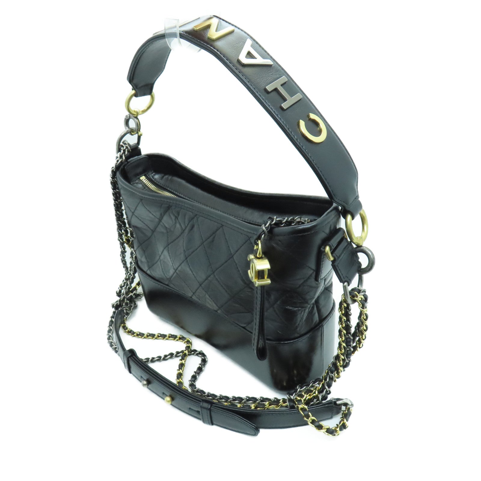 CHANEL 菱格Aged Calf皮革Small Gabrielle金扣/銀扣鏈帶肩背袋黑色