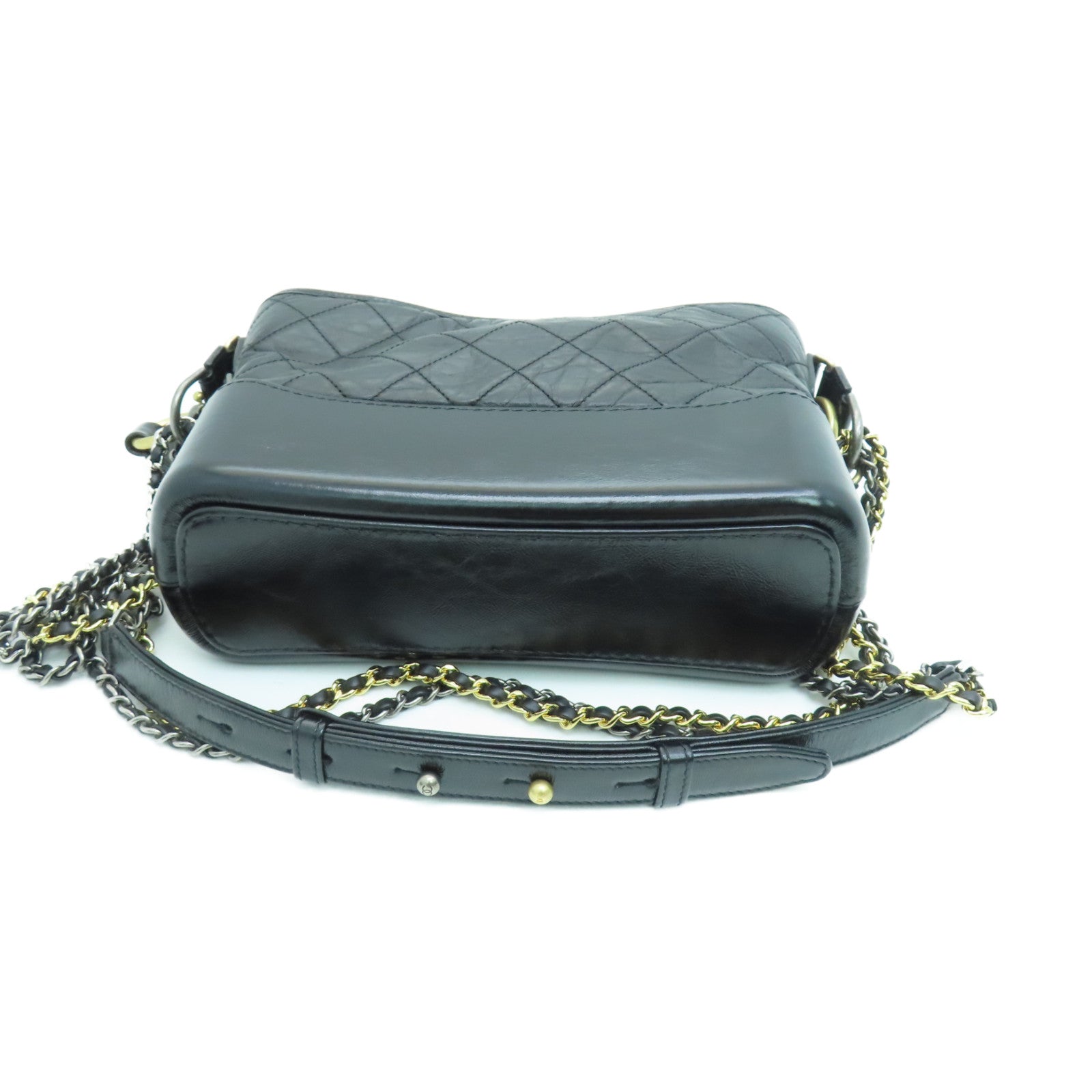 CHANEL 菱格Aged Calf皮革Small Gabrielle金扣/銀扣鏈帶肩背袋黑色