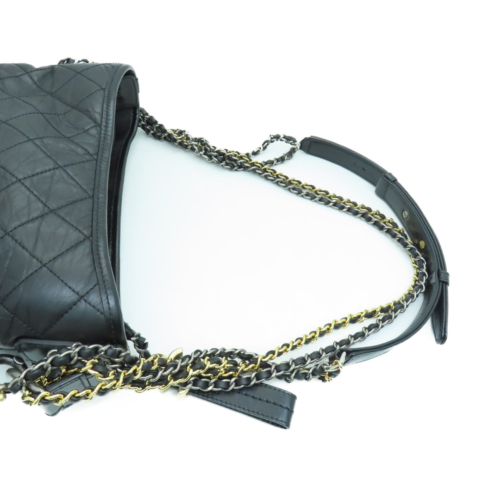 CHANEL 菱格Aged Calf皮革Small Gabrielle金扣/銀扣鏈帶肩背袋黑色