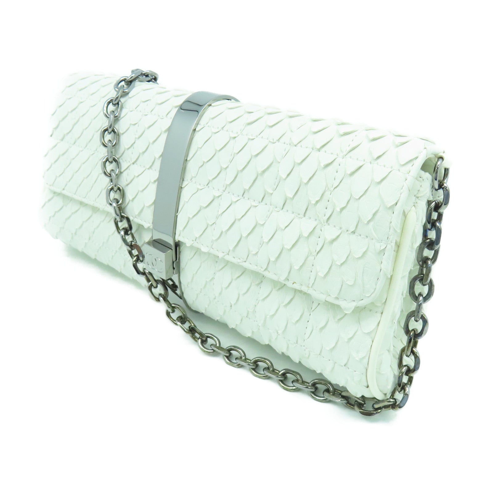 CHANEL 蛇皮皮革Chain Shoulder銀扣鏈帶肩背袋白色