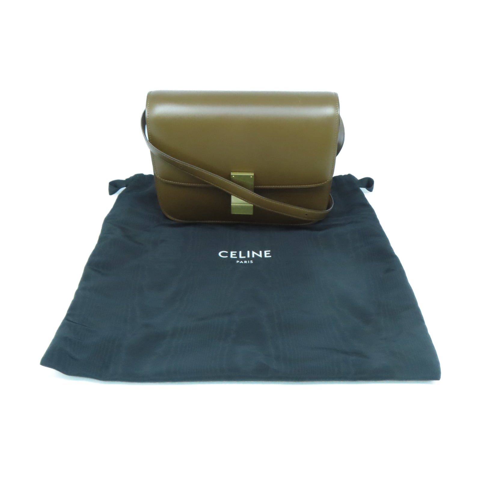 CELINE 牛皮皮革Classic Box Medium金扣肩背袋棕色