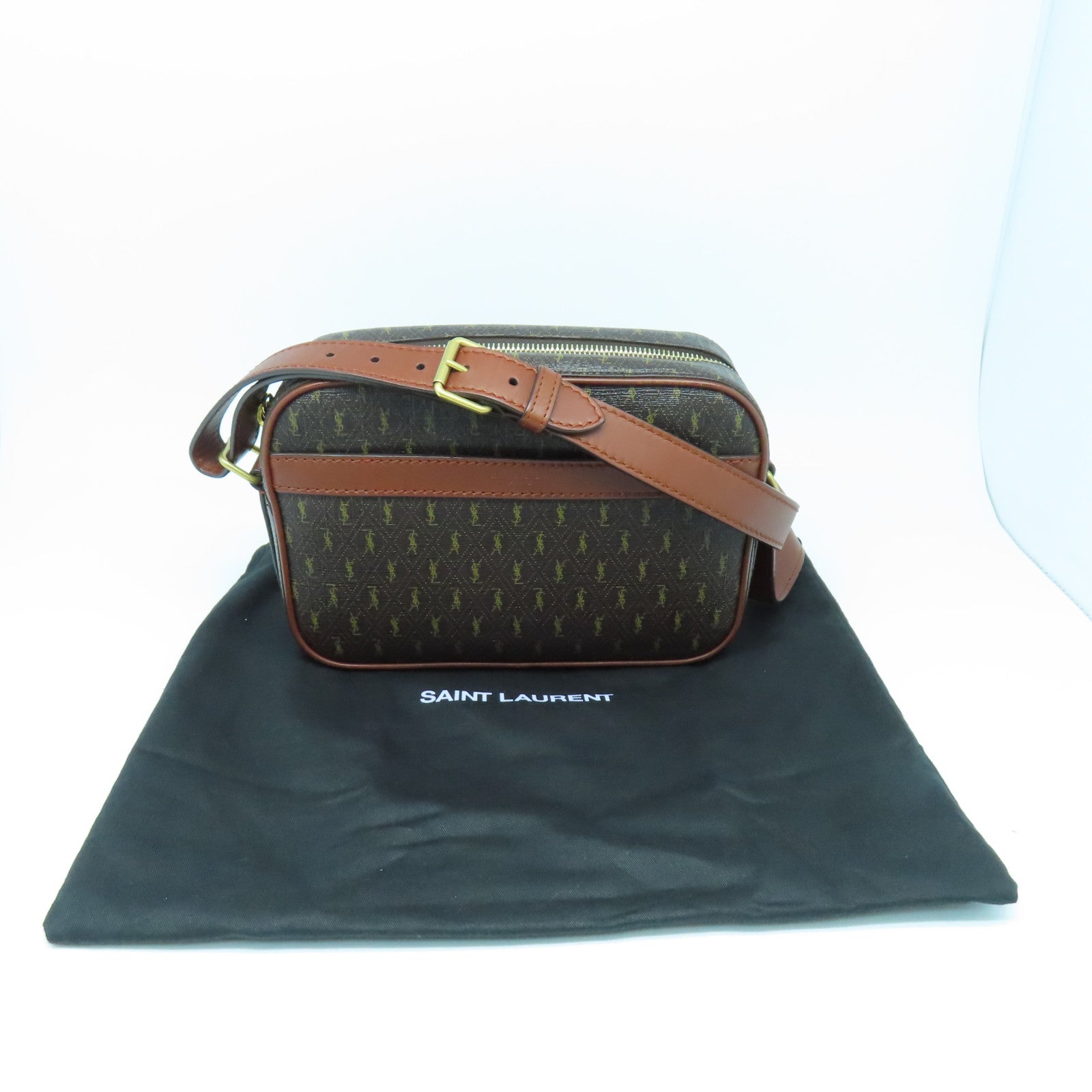 YVES SAINT LAURENT Coated Canvas Camera Bag Gold Button Shoulder Bag Brown