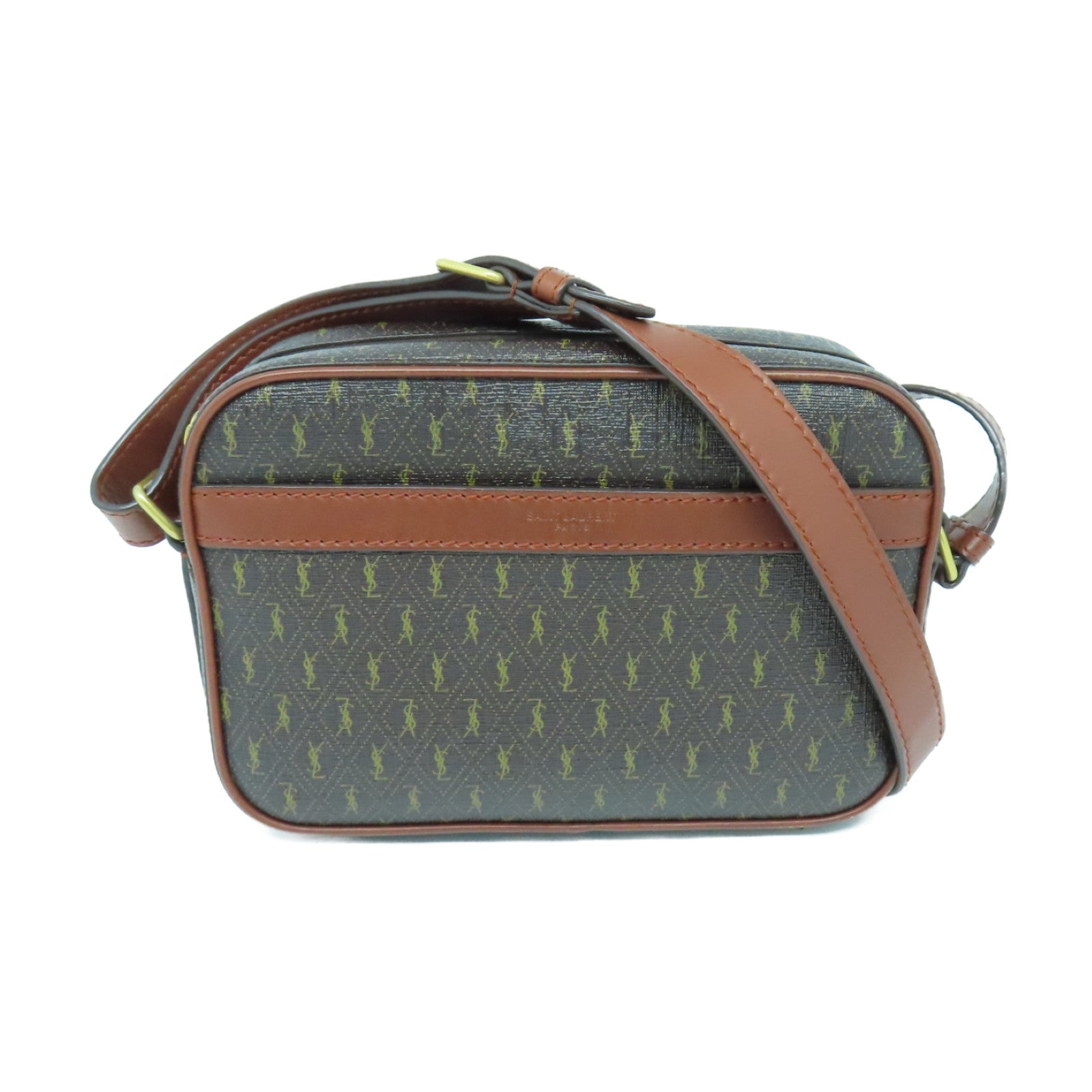 YVES SAINT LAURENT Coated Canvas Camera Bag Gold Button Shoulder Bag Brown