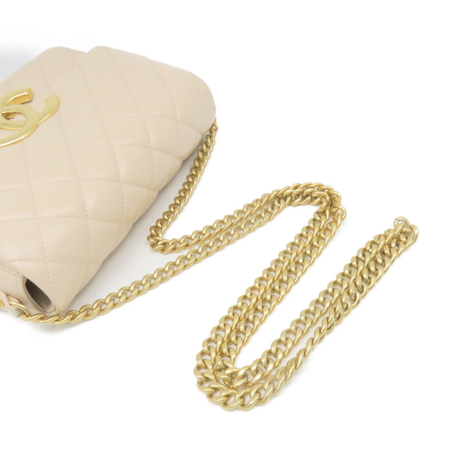 CHANEL 【激減優惠】菱格羊皮皮革Chain Shoulder Bag金扣鏈帶肩背袋杏色