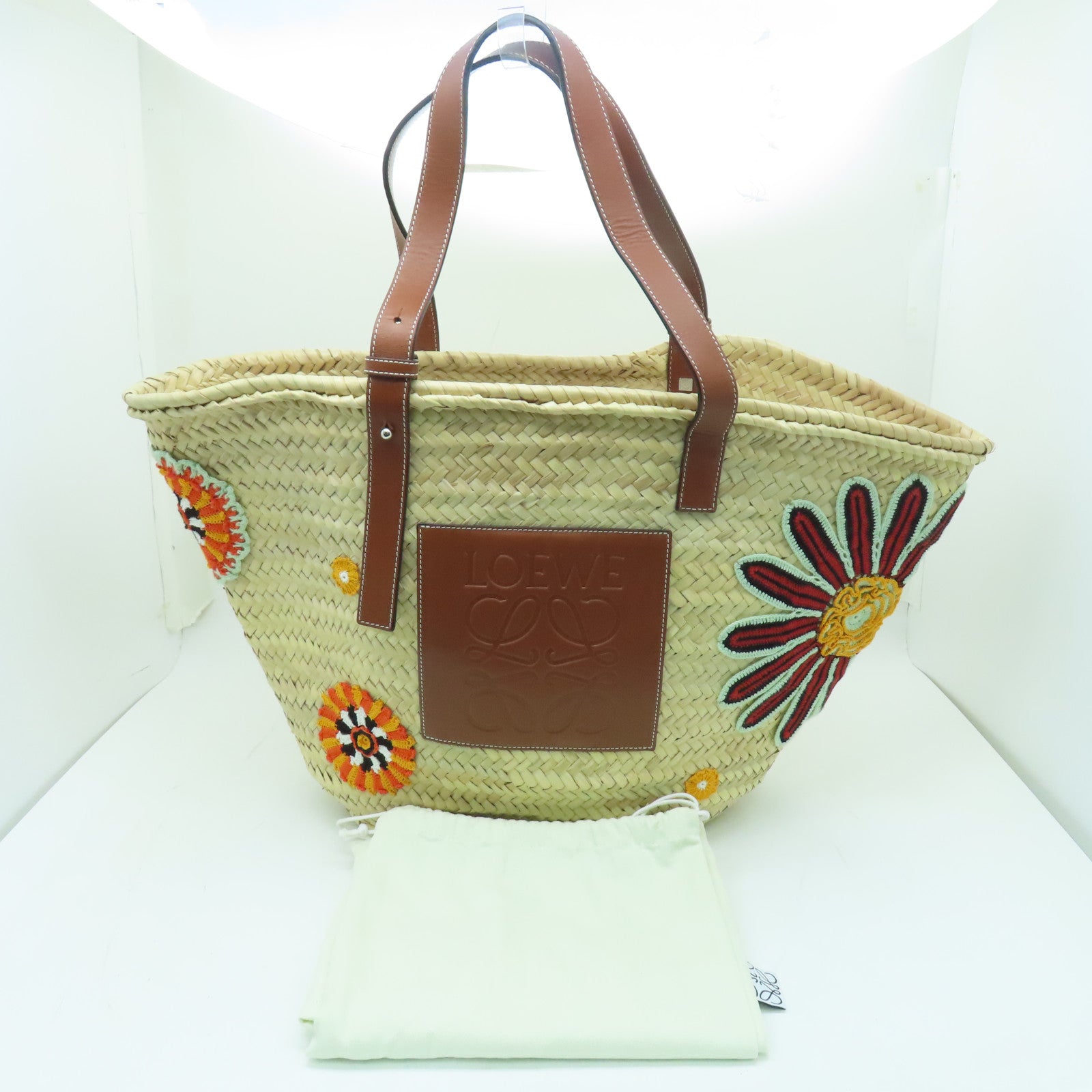 LOEWE Raffia Shoulder Bag銀扣肩背袋米色/橙色
