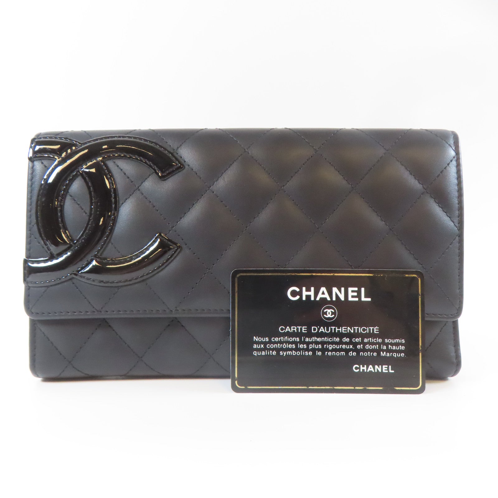 CHANEL 菱格羊皮皮革Cambon Long Wallet銀扣長錢包黑色