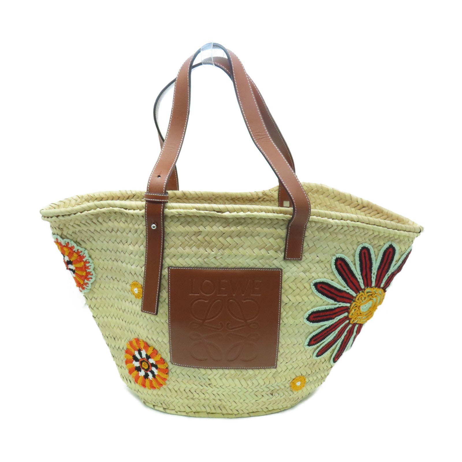 LOEWE Raffia Shoulder Bag銀扣肩背袋米色/橙色