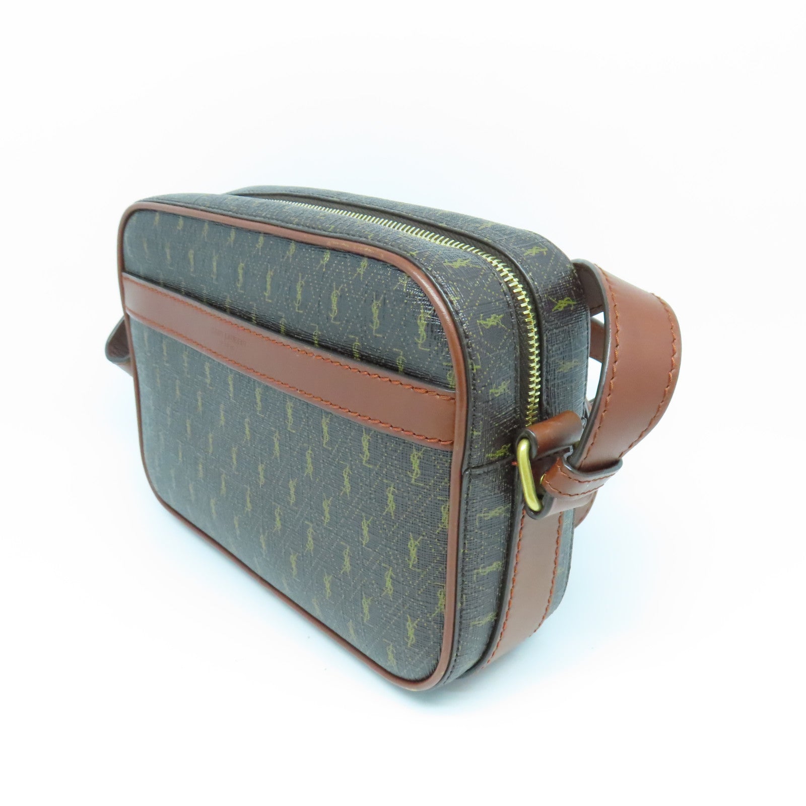 YVES SAINT LAURENT Coated Canvas Camera Bag Gold Button Shoulder Bag Brown