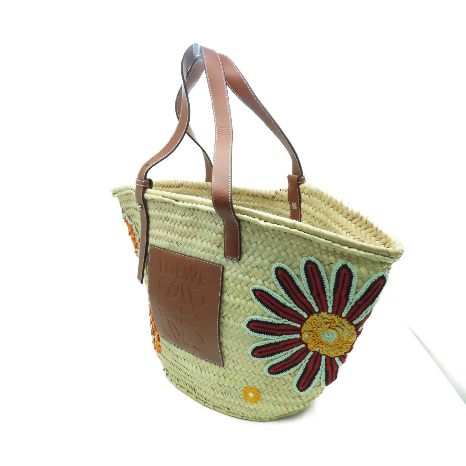 LOEWE Raffia Shoulder Bag銀扣肩背袋米色/橙色