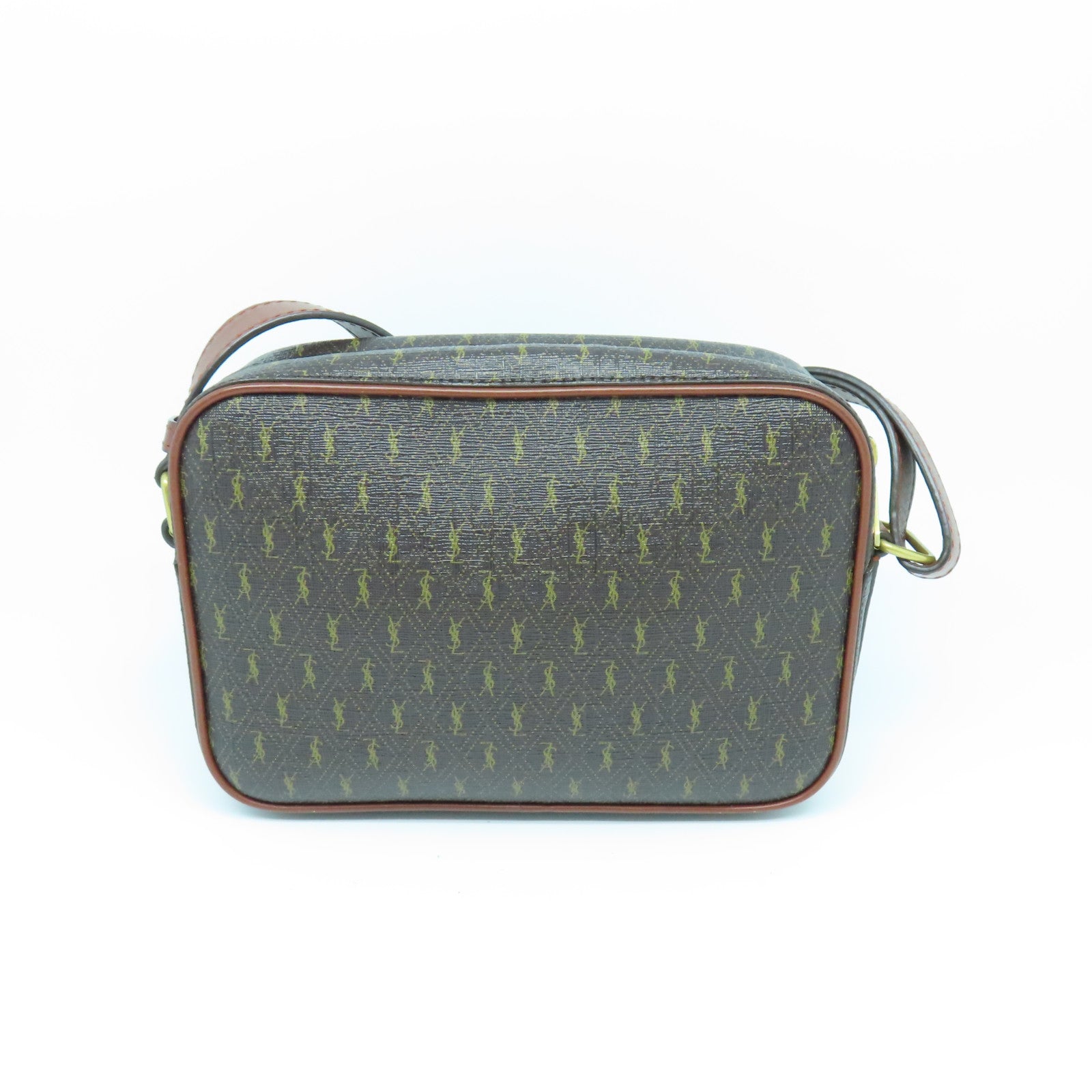 YVES SAINT LAURENT Coated Canvas Camera Bag Gold Button Shoulder Bag Brown