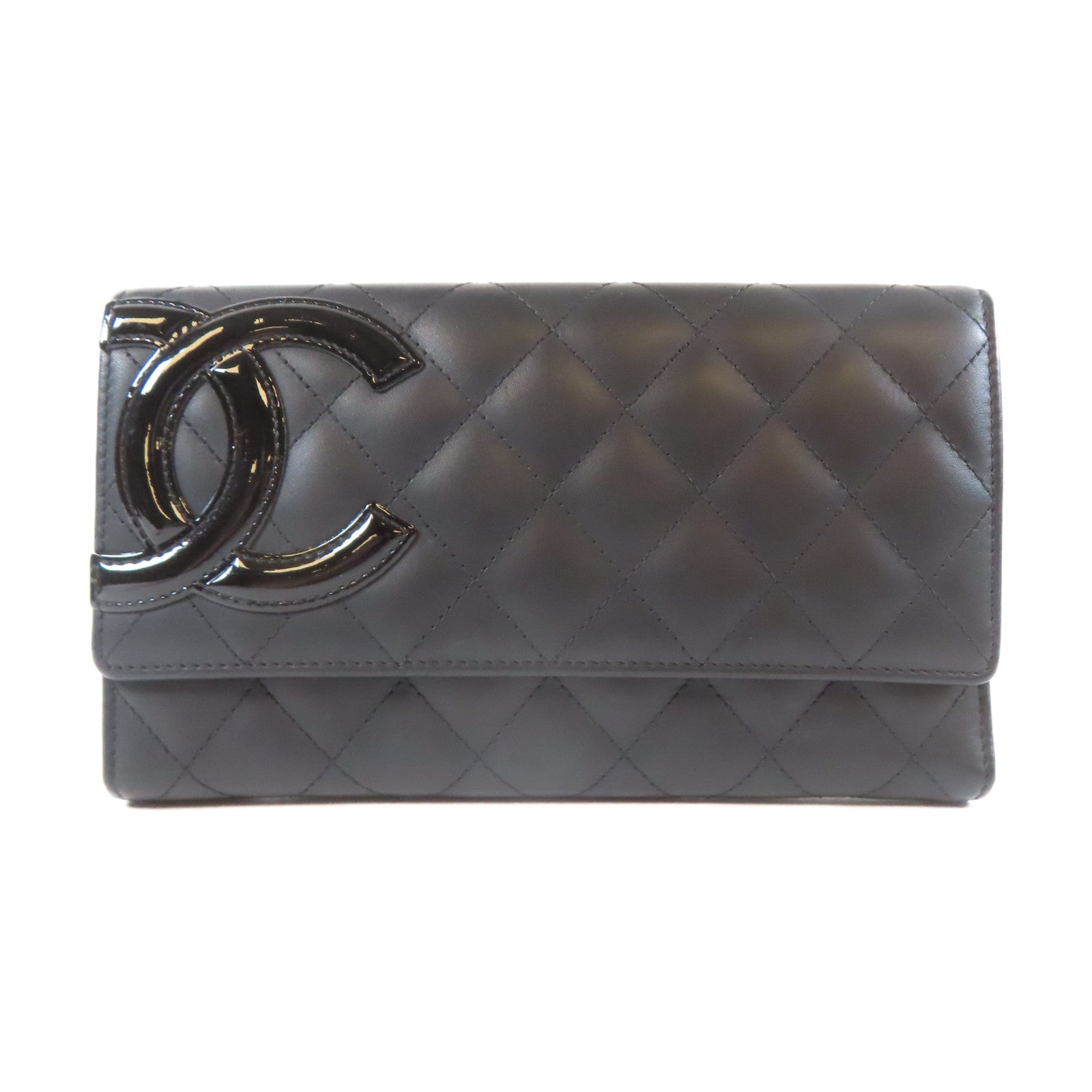 CHANEL 菱格羊皮皮革Cambon Long Wallet銀扣長錢包黑色
