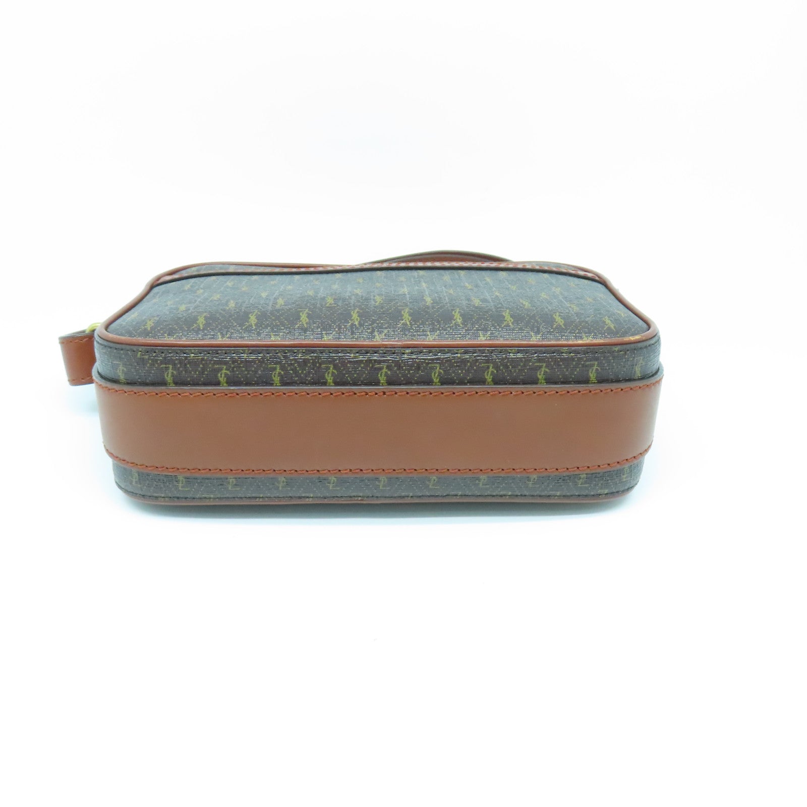 YVES SAINT LAURENT Coated Canvas Camera Bag Gold Button Shoulder Bag Brown